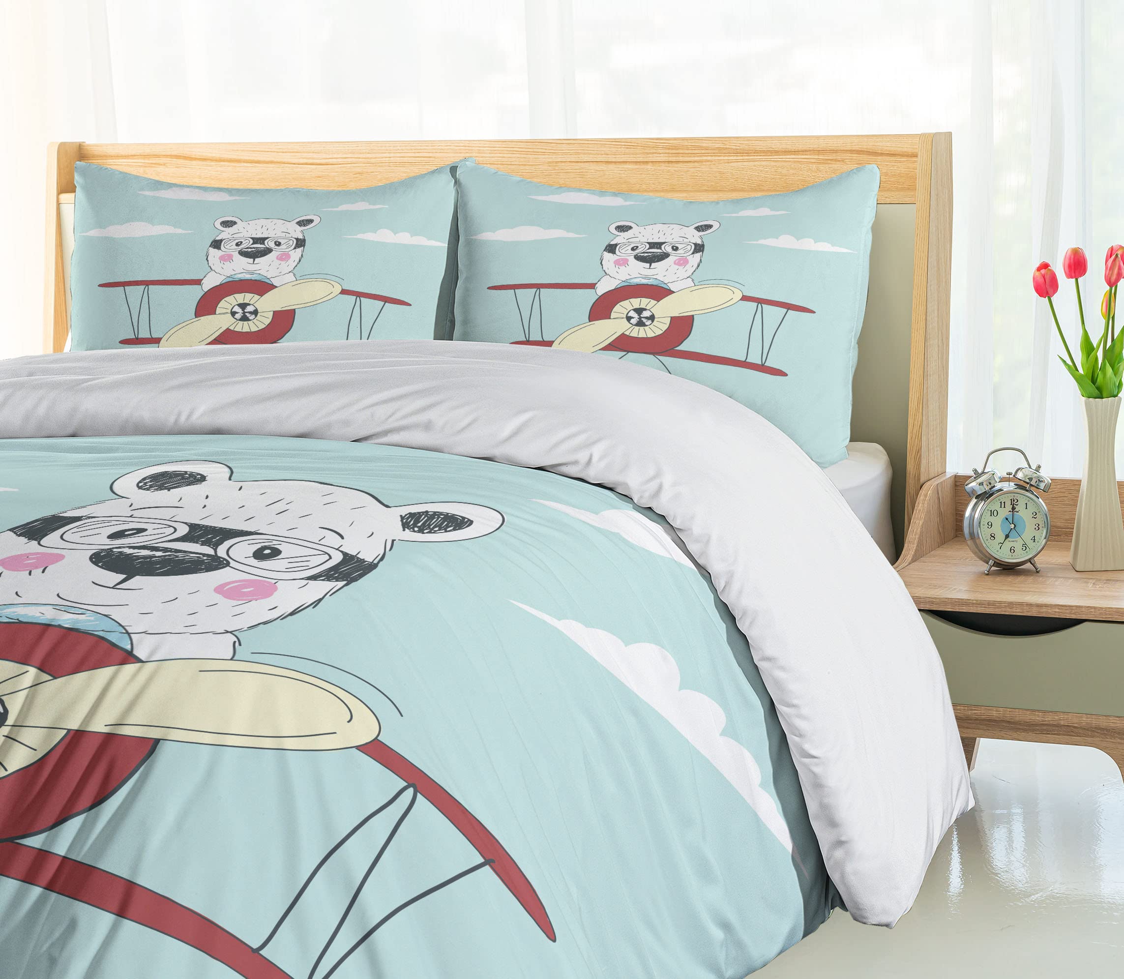 Ambesonne Cartoon Duvet Cover Set - Hand Drawn Pilot Bear Flying Airplane in Sky, Funny 3 Piece Bedding Set with 2 Pillow Shams, King Size Pale Blue Cream Ruby - Perfect for Kids' Rooms, Nursery Decor & Whimsical Bedroom Themes