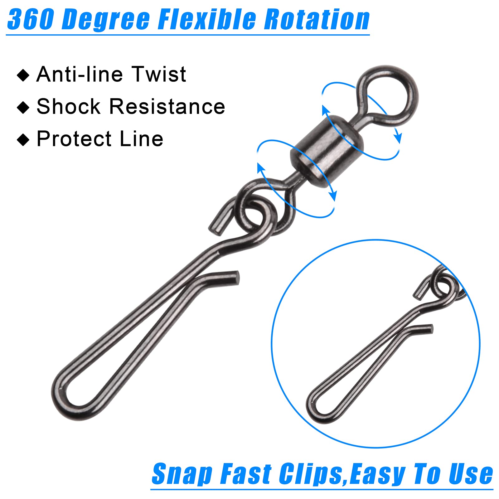 JSHANMEI High Strength Fishing Swivels & Snaps - Rolling Barrel Swivels with Fast Clips for Saltwater & Freshwater Fishing | Durable Fishing Tackle Connectors for Bass, Trout & Saltwater Game Fish