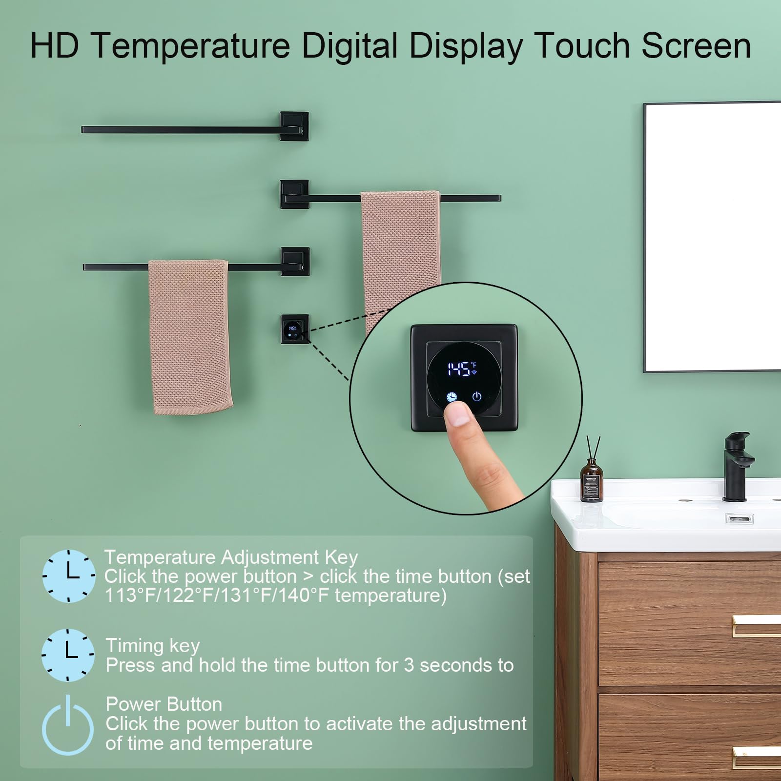 Digital Display Heated Towel Rack with WiFi Control - 180° Swivel Electric Towel Warmer with Timer (1-24H), Adjustable Temperature 115°F-145°F, 66W Concealed Bathroom Towel Rail - Perfect for Spa-Like Luxury & Quick Drying in Homes, Hotels, and Gyms