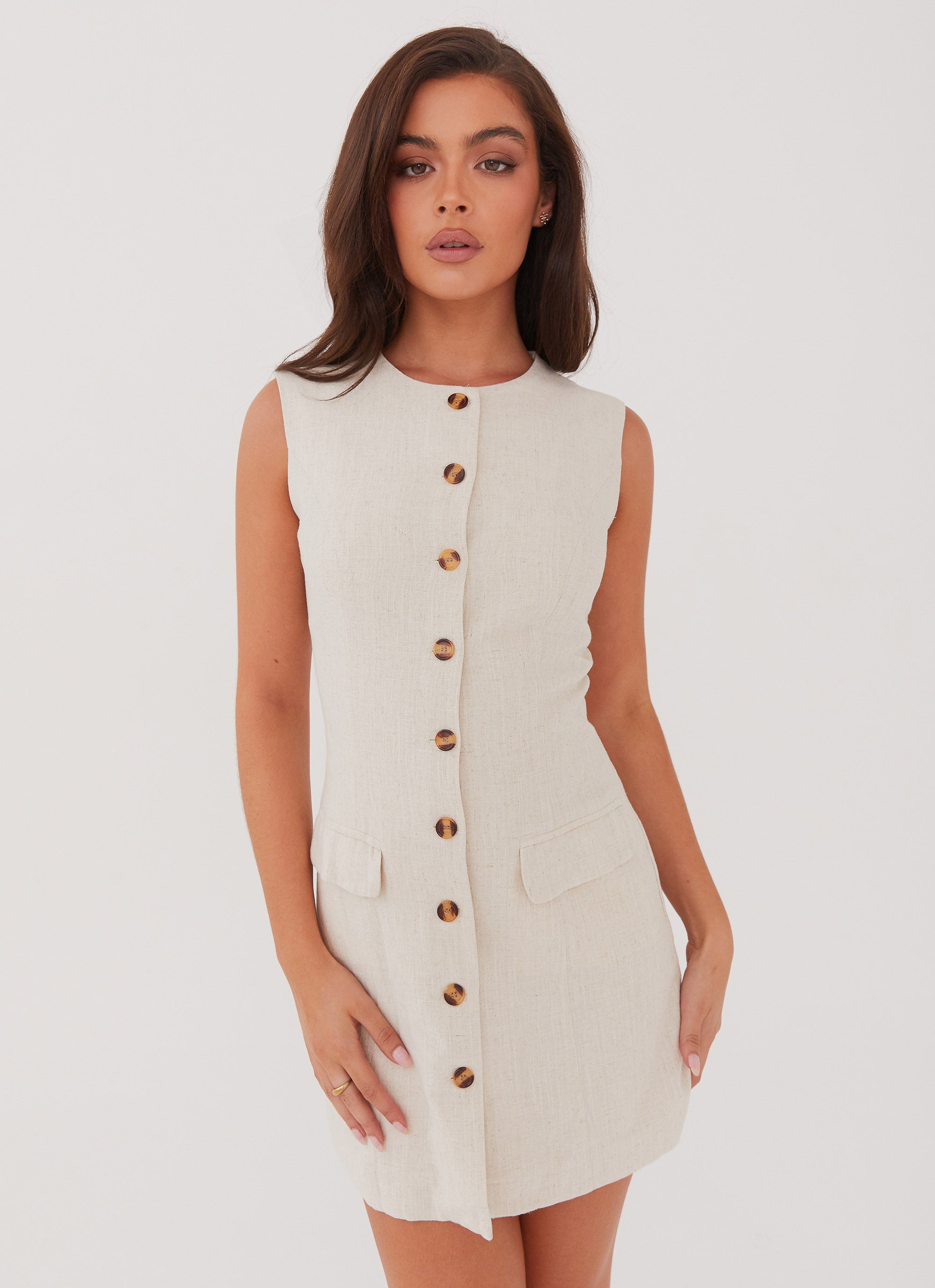 Castello Fiore Linen Mini Dress - Breathable Summer Dress in Oatmeal | Casual Beach Wear & Boho Chic Outfit for Women