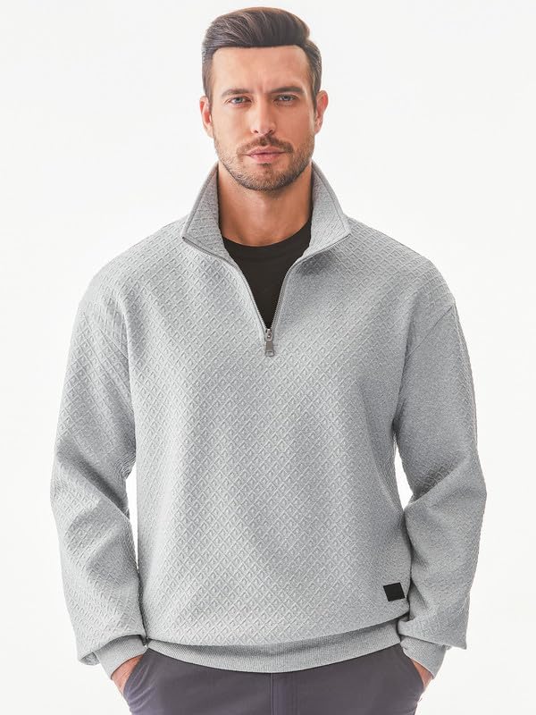 Men's Quarter Zip Sweatshirt - Casual Mock Neck Pullover Long Sleeve Geometric Texture Waffle Knit Top | Perfect for Work, Gym & Outdoor Activities