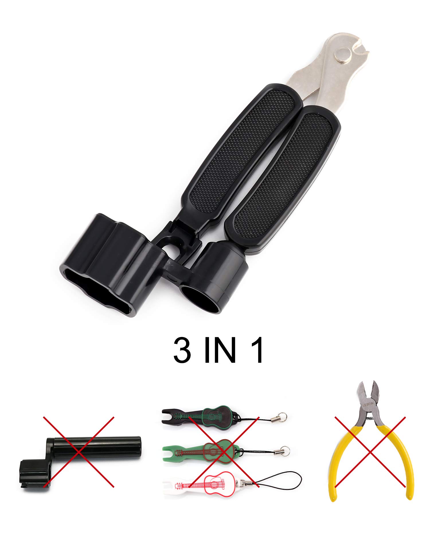 Premium Guitar String Winder & Bridge Pin Puller - 6-in-1 Tool with String Cutter for Acoustic/Electric Guitar, Bass, Banjo, Ukulele, Mandolin - Professional String Changing & Maintenance for Musicians & Luthiers (Black)