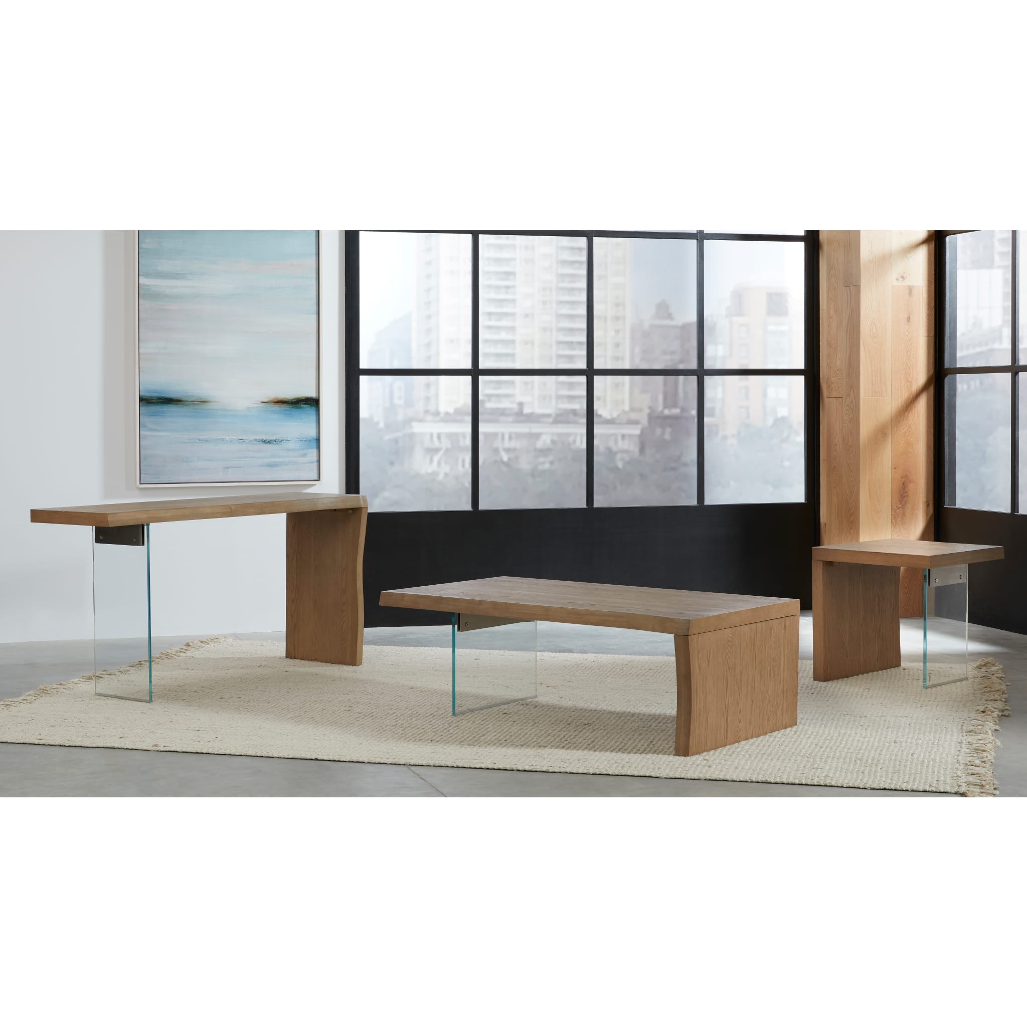 Live Edge White Oak and Glass Coffee Table - Natural Wood & Modern Design for Living Room, Lounge, or Office - Bisque Finish