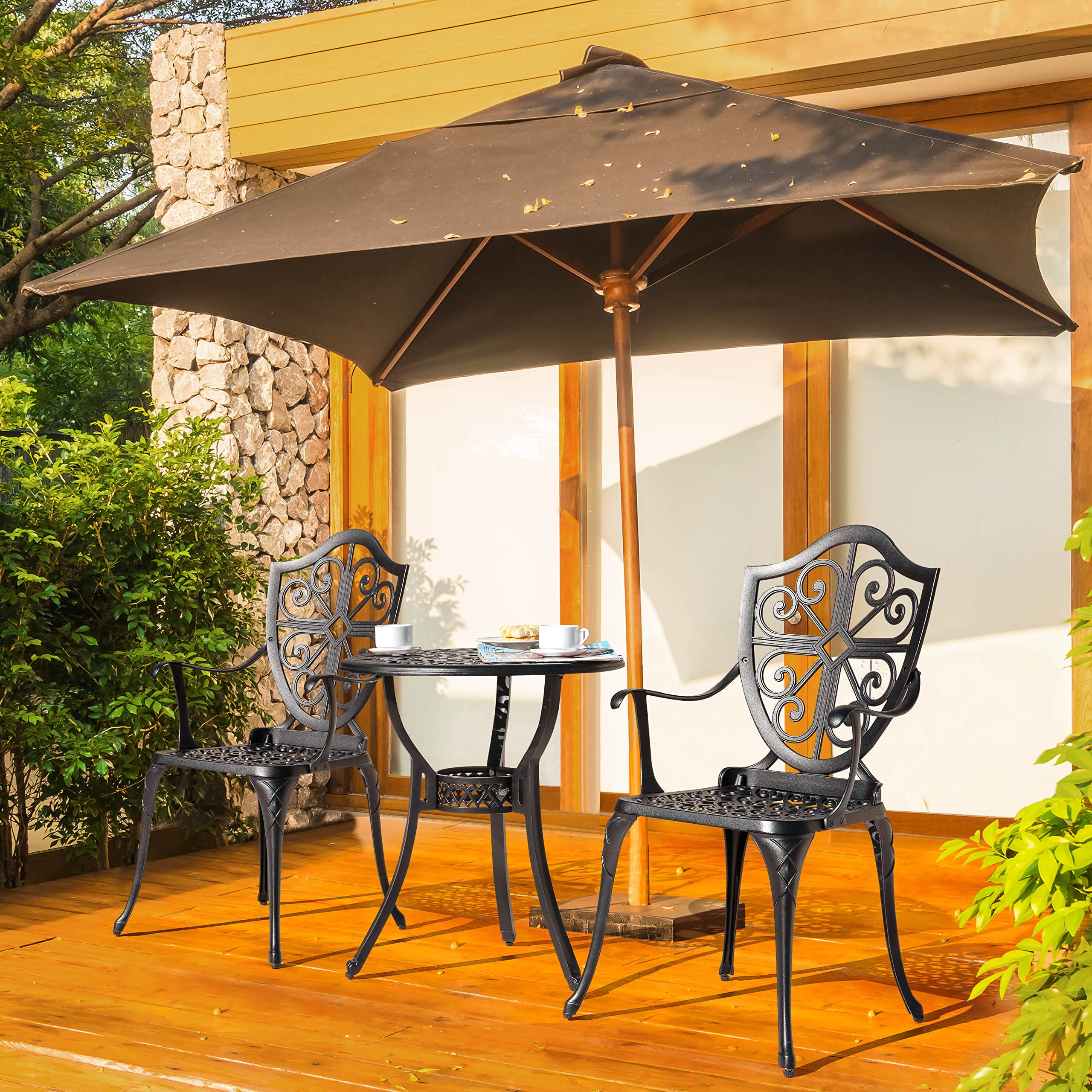 Nuu Garden 3-Piece Outdoor Bistro Set - Cast Aluminum Patio Table & 2 Chairs with Umbrella Hole - Perfect for Backyard, Garden, and Small Balcony Dining