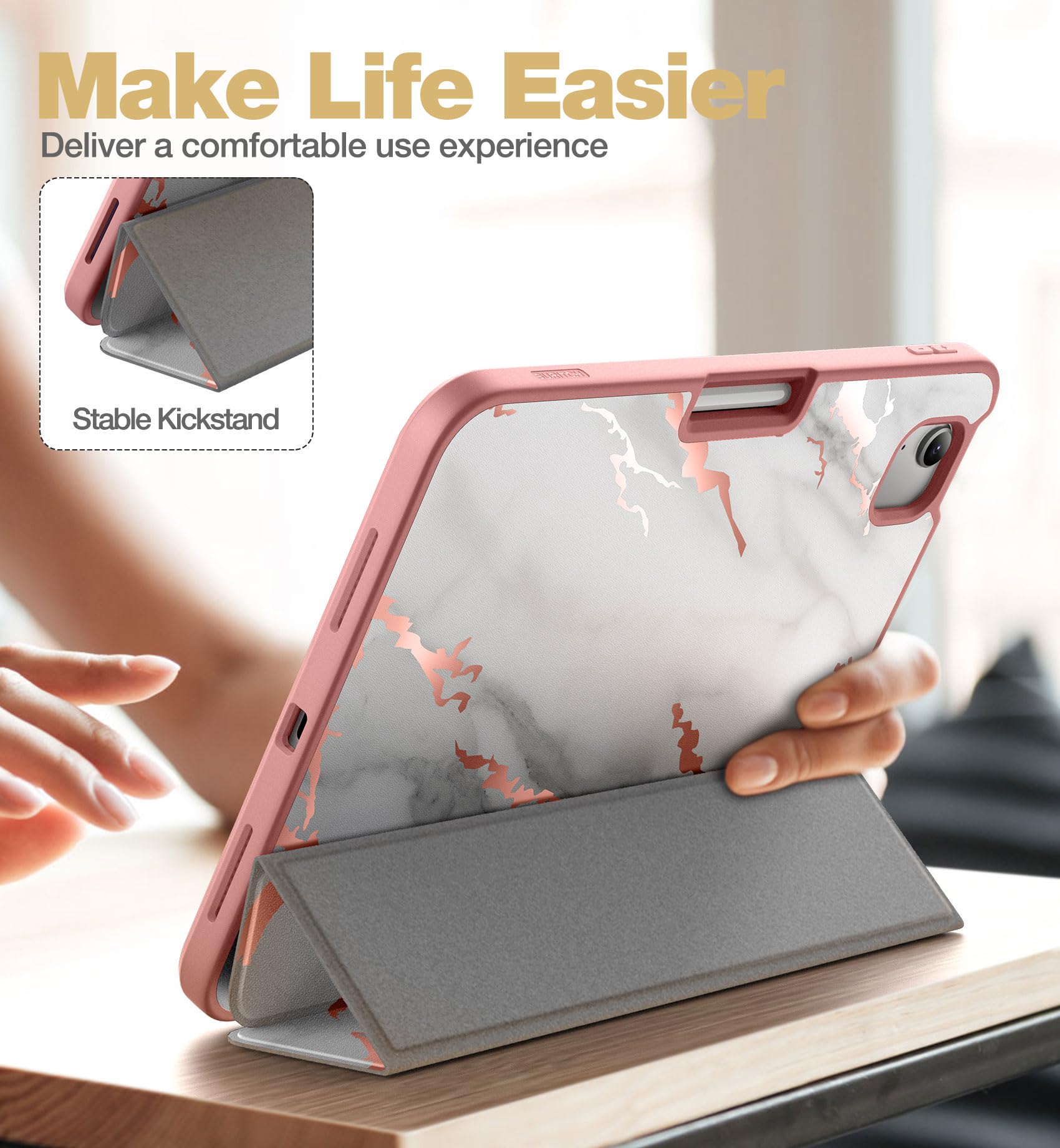 SURITCH iPad Case for 11th Generation 11 Inch (2025) & 10th Generation 10.9 Inch (2022) - Shockproof Protective Cover with Screen Protector, Pencil Holder, Tri-fold Stand & Auto Wake/Sleep - White Marble Design for Work, School & Travel