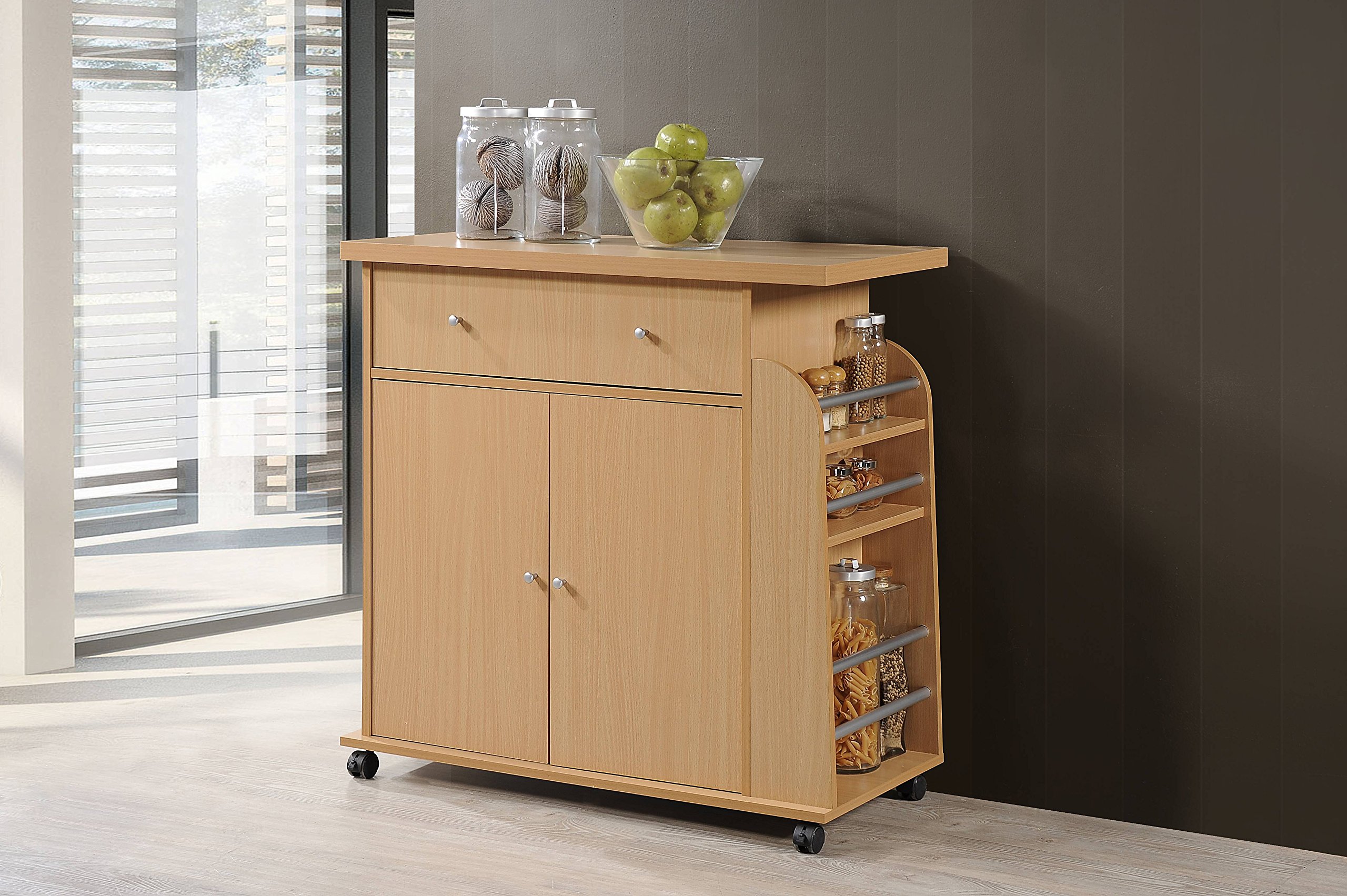 Hodedah Import Kitchen Island with Spice Rack & Towel Rack - Solid Beech Wood Countertop Cart for Small Spaces - Perfect for Cooking, Baking & Extra Storage in Compact Kitchens