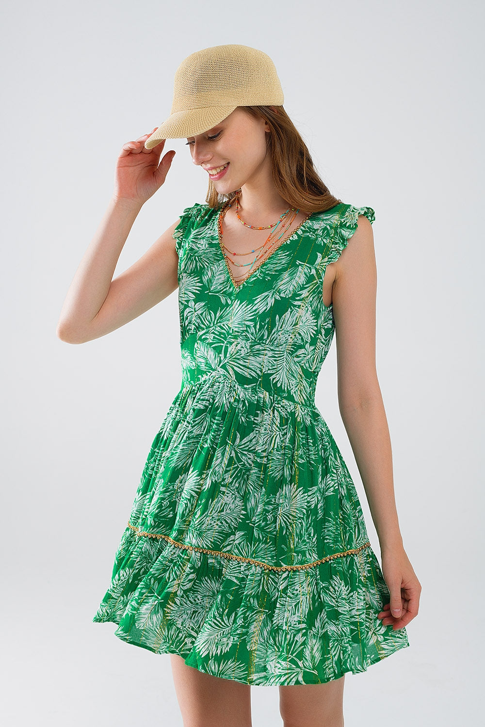 Boho Floral Print Short Green Robe with Lurex Details - Perfect for Spa Days, Lounging at Home, and Beach Cover-Ups