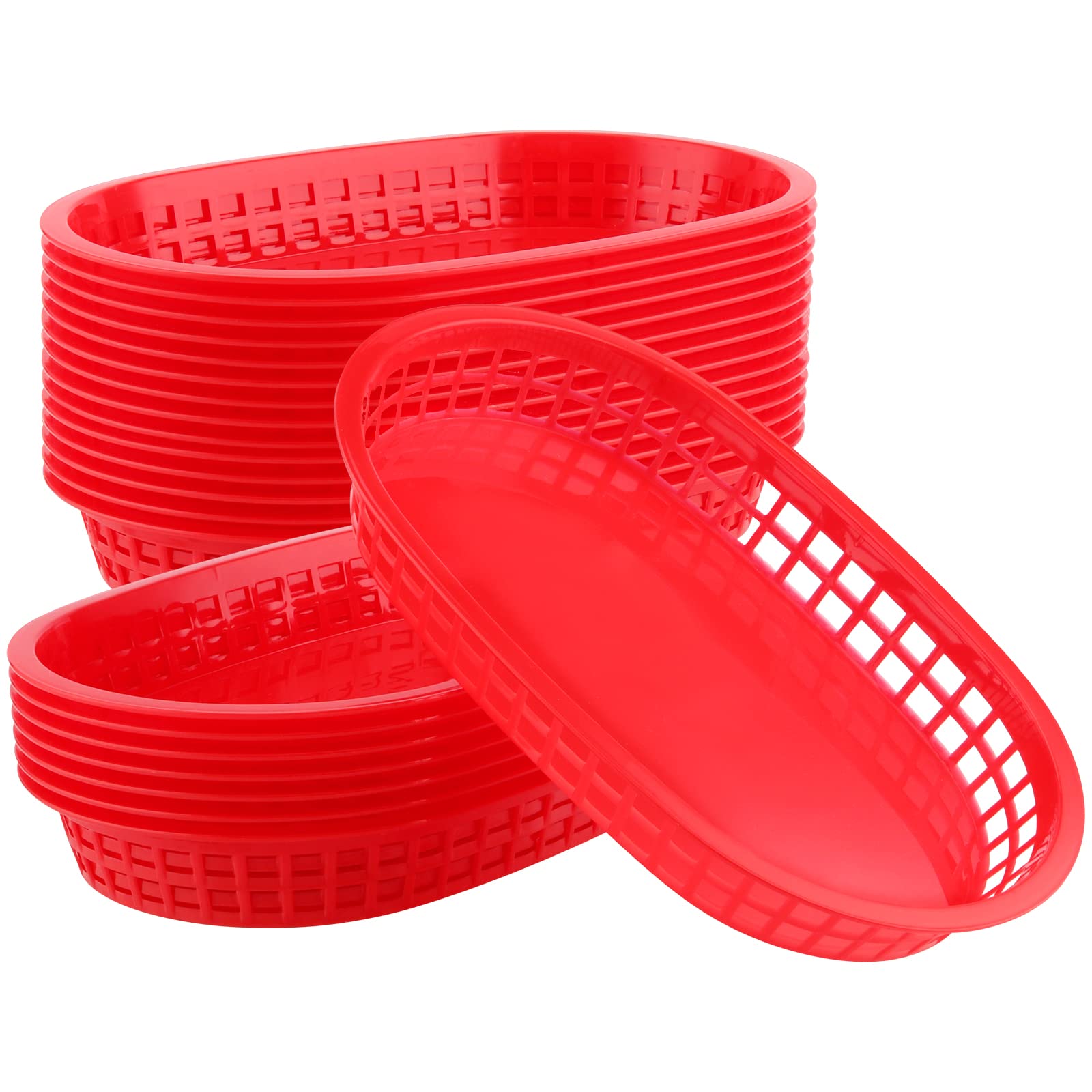 24-Pack 11x7 Inch Red Plastic Fast Food Serving Baskets - Oval Restaurant Deli Trays for Burgers, Hot Dogs, Sandwiches, Fries & BBQ | Perfect for Diners, Food Trucks, Catering & Party Snack Serving