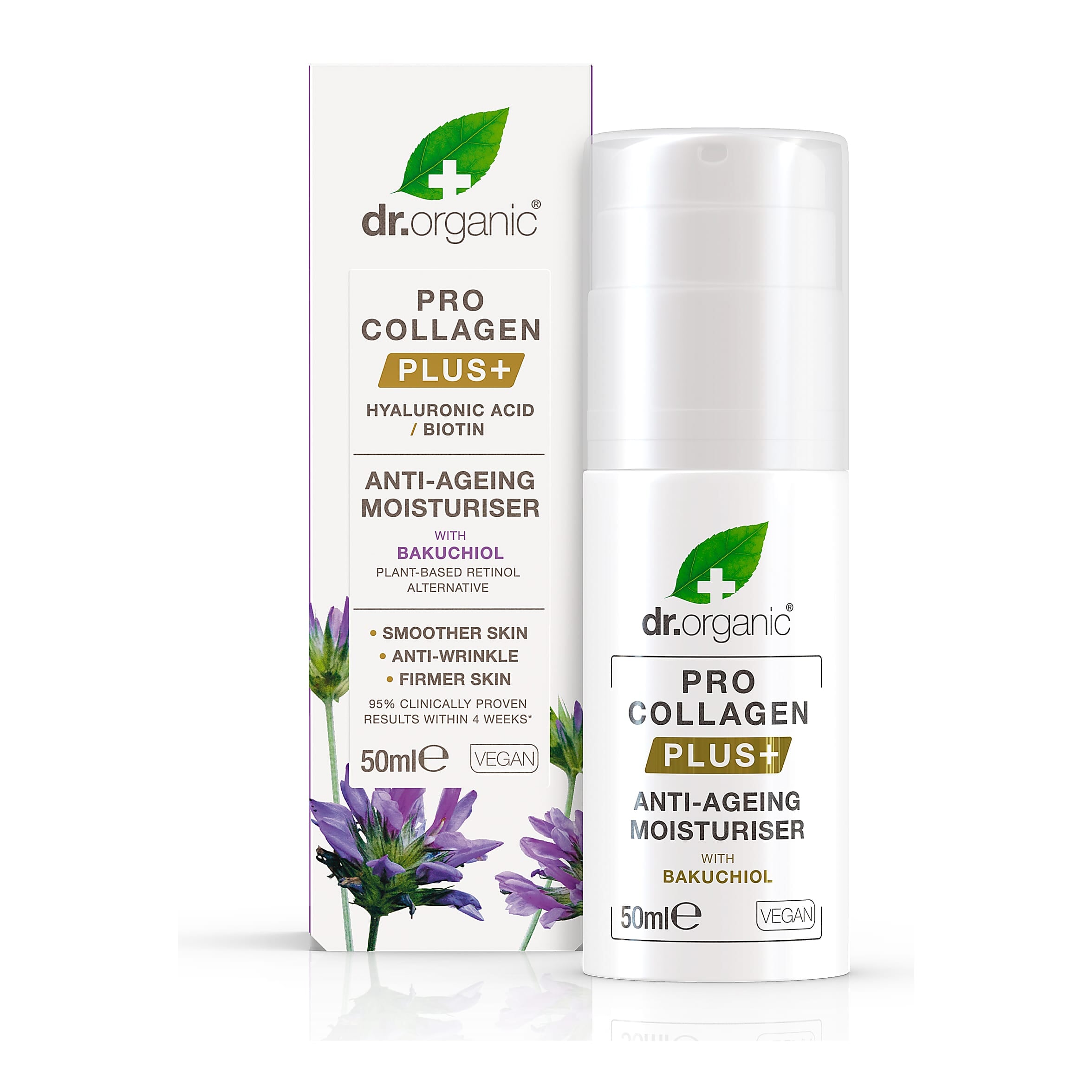 Dr Organic Pro Collagen Plus+ Anti-Aging Face Moisturizer with Bakuchiol - Hydrating & Firming Cream for Wrinkles & Fine Lines, Day & Night Use