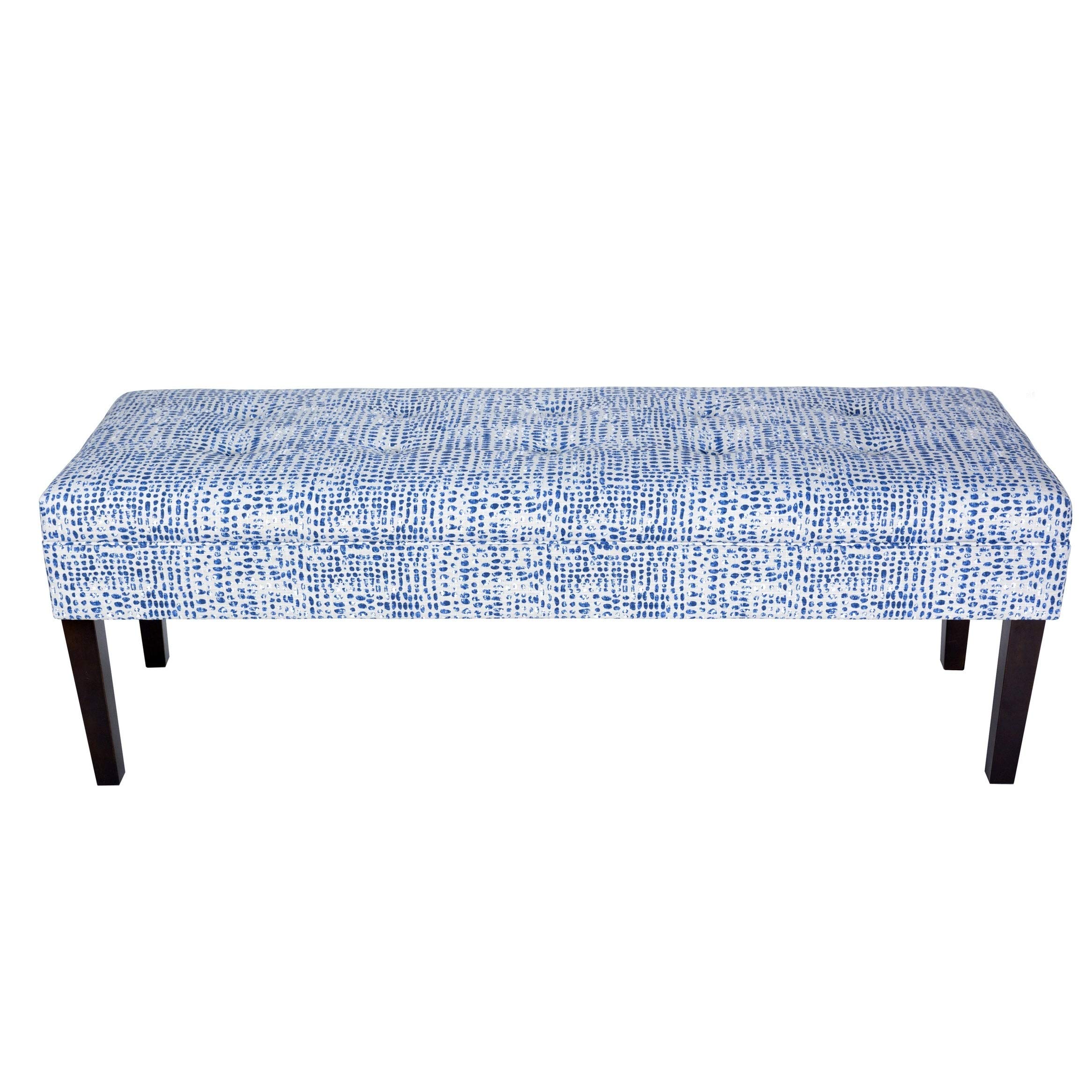 Sole Designs Kaya Sediment Trim Upholstered Classic Long Bench with Espresso Legs in Blue/Off-White - Perfect for Entryway, Living Room or Bedroom Seating