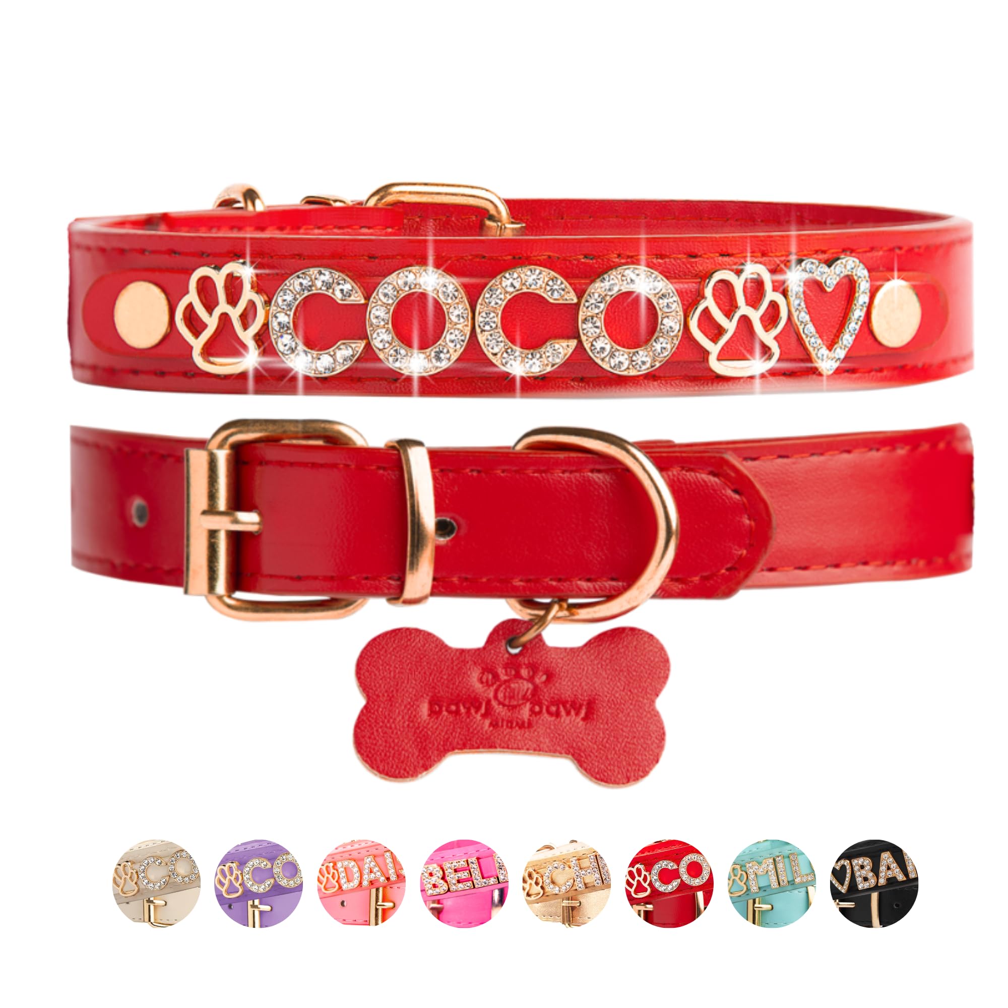Custom Personalized Dog Collar for Small Dogs - Gold Plated Cubic Zirconia Initials & Charm Jewels - Red Luxury Pet Accessory - Perfect for Daily Walks, Special Occasions & Gift Giving