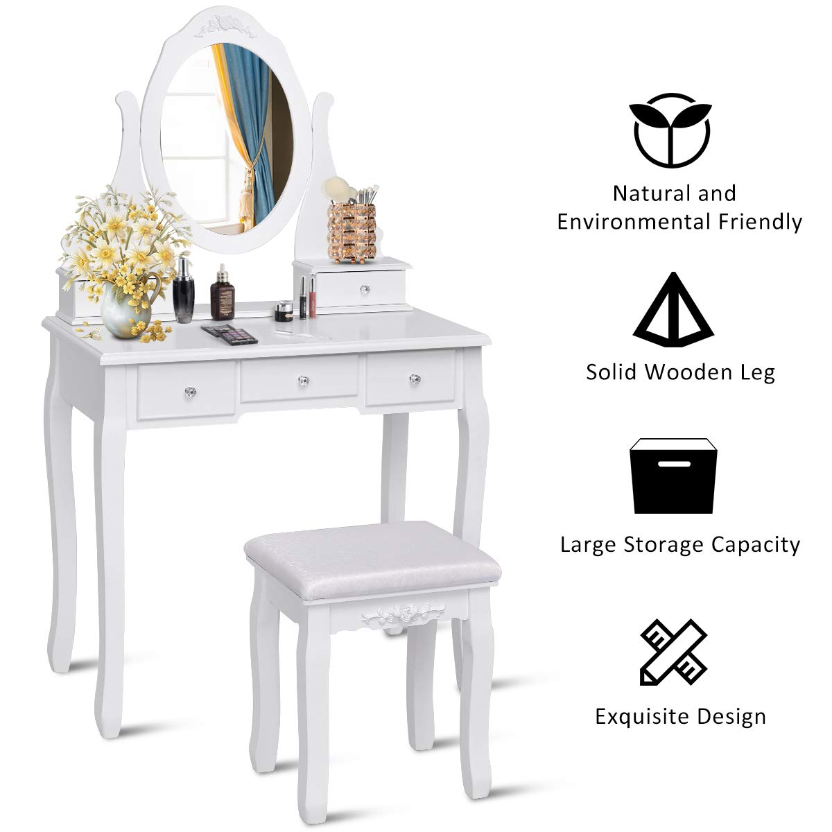 Giantex White Vanity Set with Oval Mirror & Cushioned Stool - 5-Drawer Makeup Dressing Table with Large Storage, Mirrored Bedroom Vanity for Women, Girls & Kids - Easy Assembly for Home, Bedroom & Beauty Room Decor