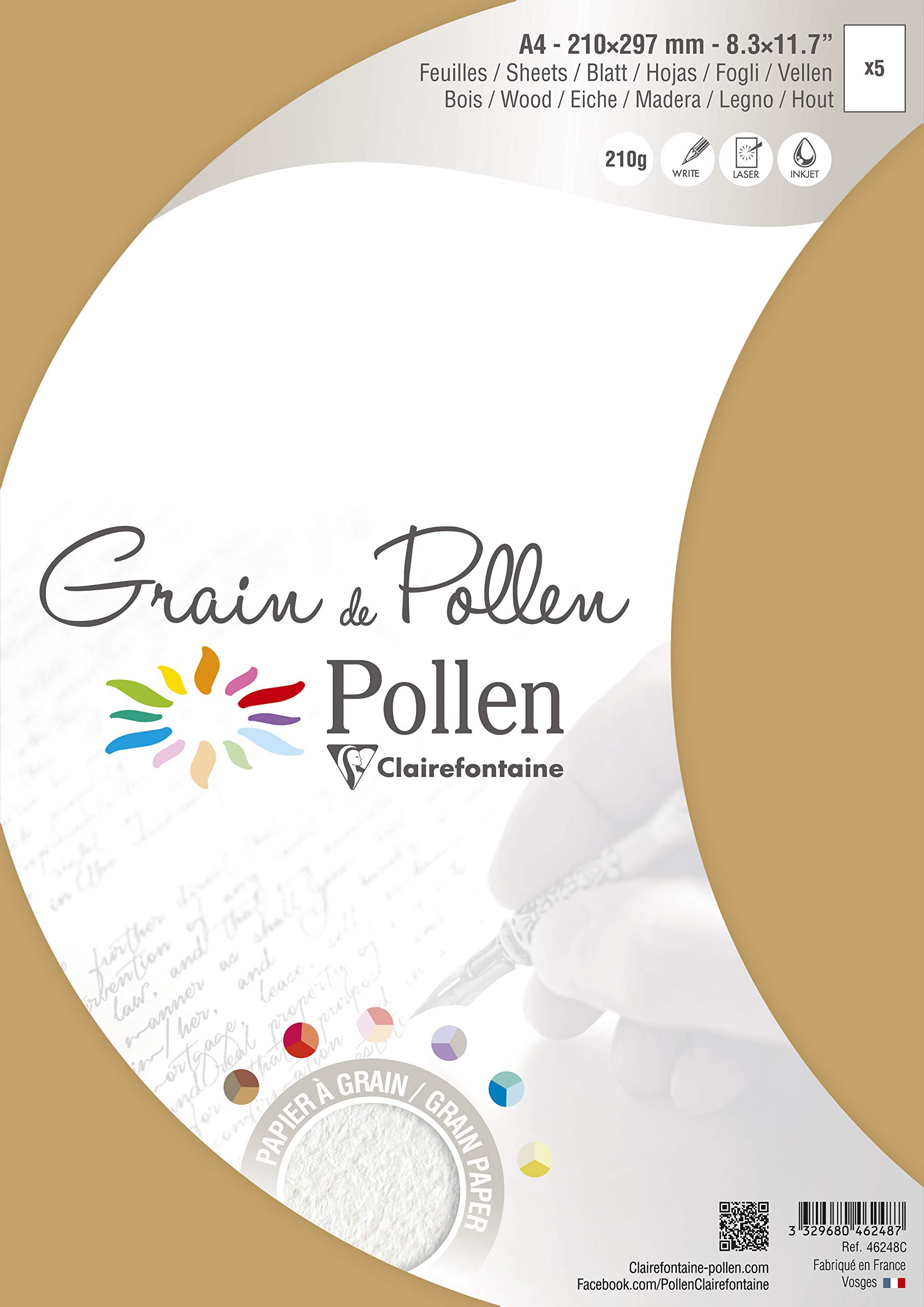 Clairefontaine Grain De Pollen Card - Pack of 5 A4 Sheets (210x297mm) | 210gsm Premium Cardstock | Acid-Free, Inkjet & Laser Printer Compatible | Perfect for Greeting Cards, Invitations & Craft Projects