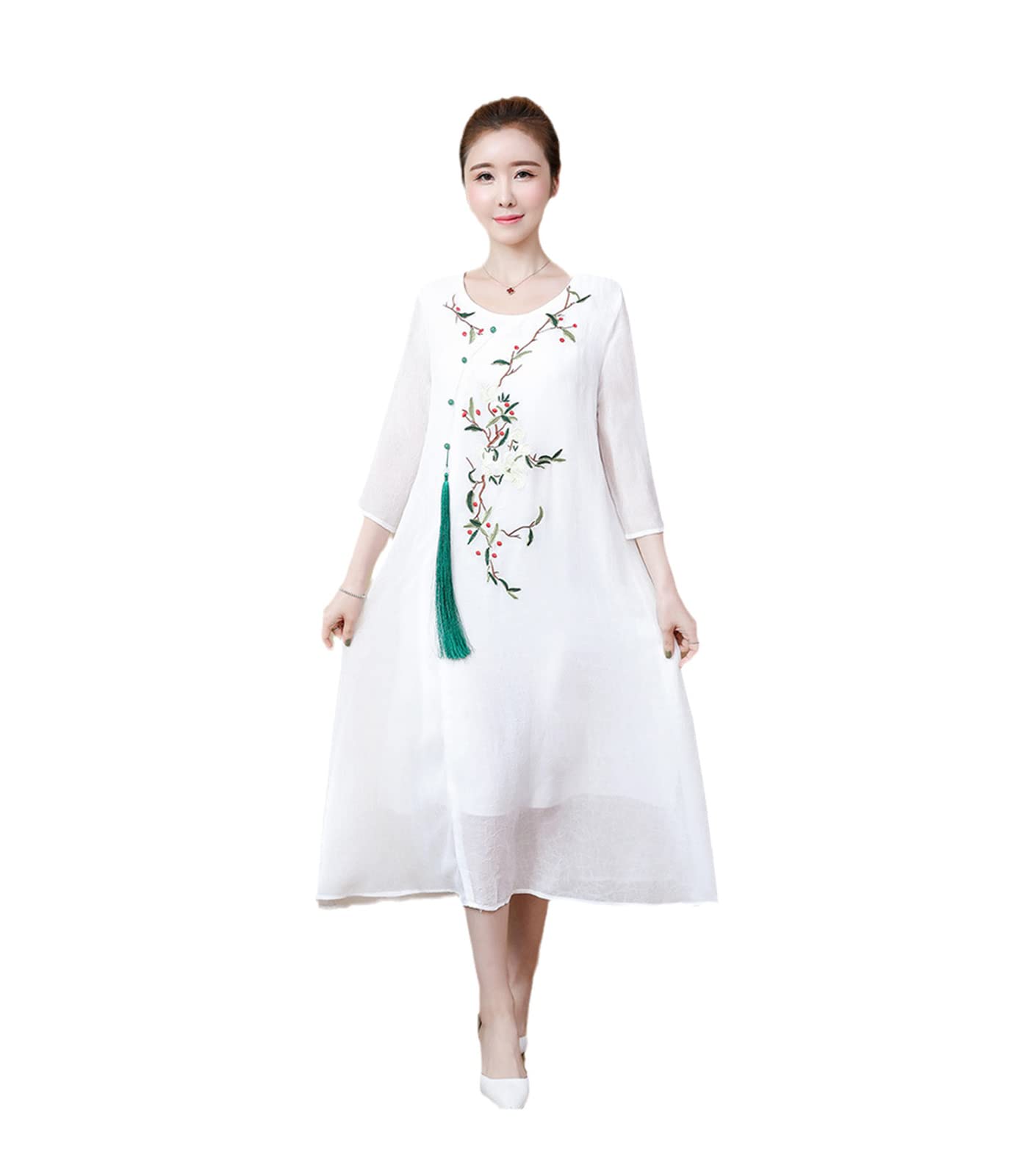 Vintage Floral Embroidery Chinese Style Chiffon Dress for Women - Loose Fit Summer Casual Round Neck Dress | Perfect for Tea Parties, Weddings & Boho Fashion
