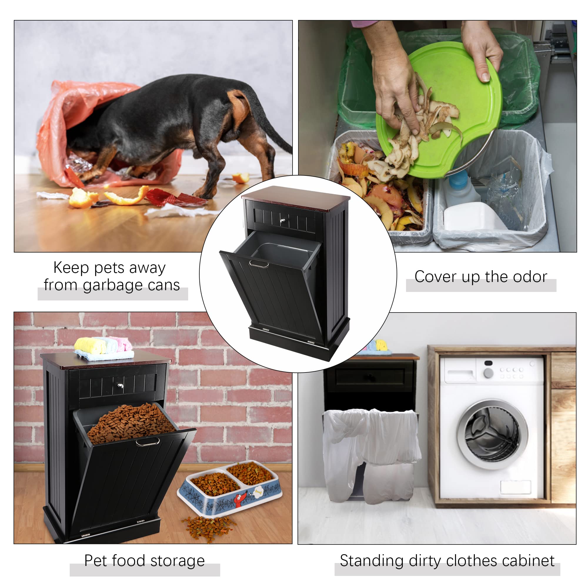 10 Gallon Wooden Tilt-Out Trash Cabinet with Hideaway Drawer - Free Standing Laundry Sorter & Recycling Bin for Kitchen, Bathroom, or Utility Room Organization