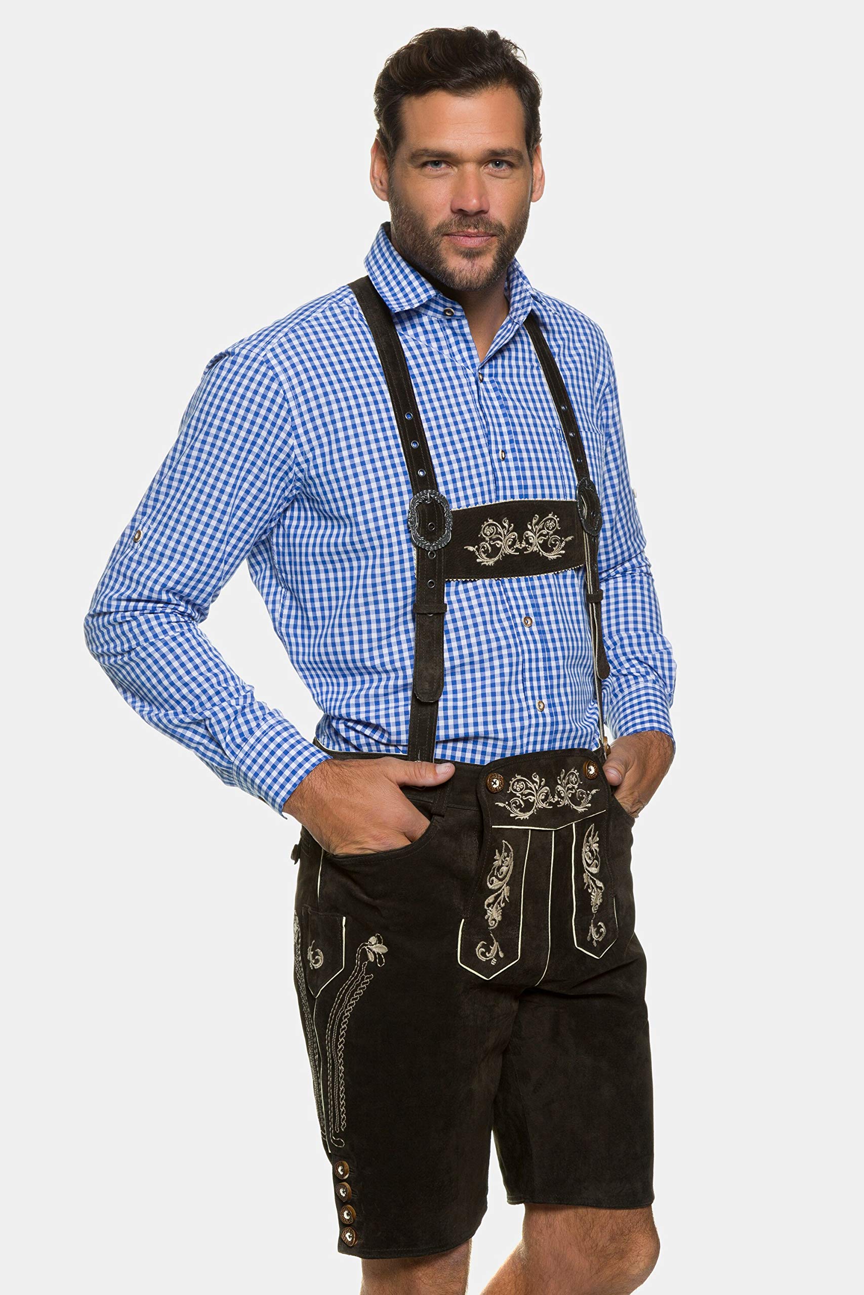 JP 1880 Men's Big & Tall Plus Size Lederhosen Shorts (Sizes L-8XL) - Authentic German Style Leather Overalls for Oktoberfest, Beer Festivals & Costume Parties