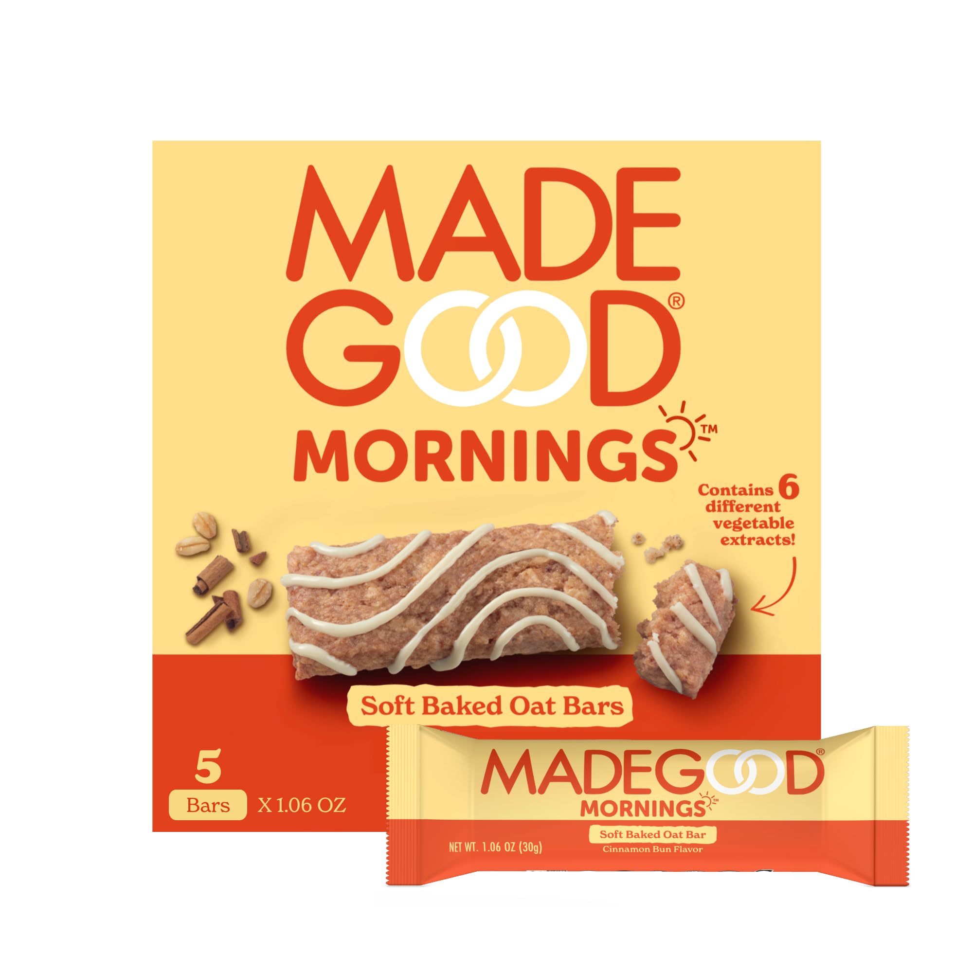 Organic MadeGood Morning Cinnamon Bun Bars, 5 Count (5.3 Oz) - Healthy Breakfast Snacks for Kids & Adults - Perfect for School Lunches, Office Snacks & On-the-Go Energy