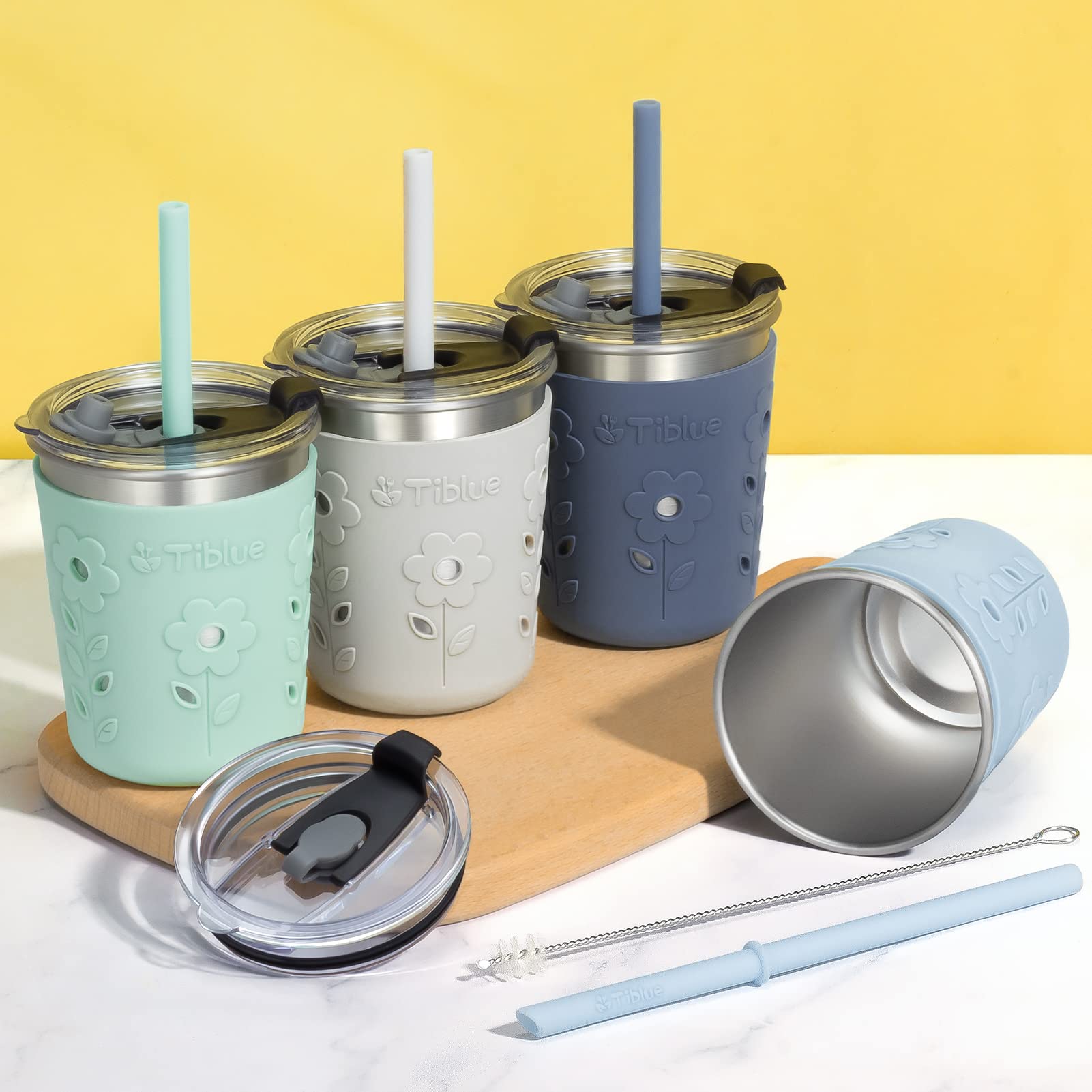 Tiblue 4-Pack 8oz Stainless Steel Kids & Toddler Cups - Spill Proof, Leak Proof Lids with Silicone Straw, Stopper & Sleeve - BPA Free Baby Drinking Cups for Girls & Boys - Perfect for Smoothies, Snacks, Daycare, Travel & Home Use
