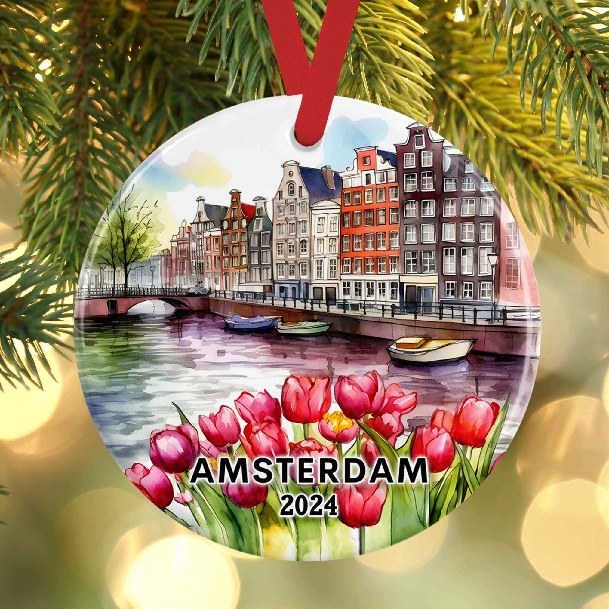 2024 Handmade Amsterdam Canal Houses & Dutch Tulips Ceramic Christmas Ornament - European Travel Vacation Holiday Keepsake Gift for Christmas Tree Decor, Home Decor, Travel Lover Souvenir