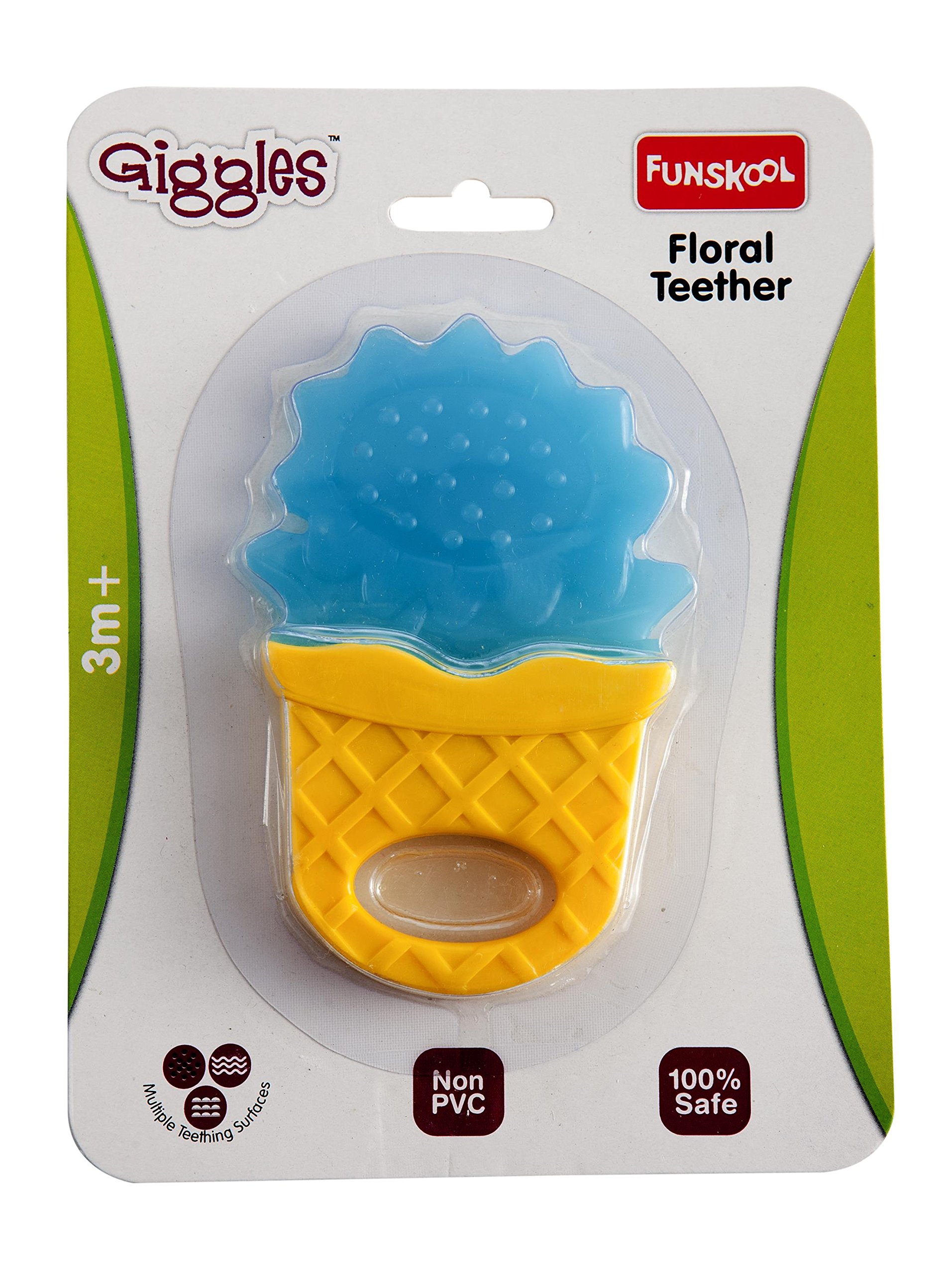 Funskool Giggles Floral Baby Teether - Soothing Gum Relief for Infants 3+ Months, Easy to Grasp & Chew, BPA-Free Teething Toy (Blue) - Perfect for Daycare, Travel & On-the-Go Comfort