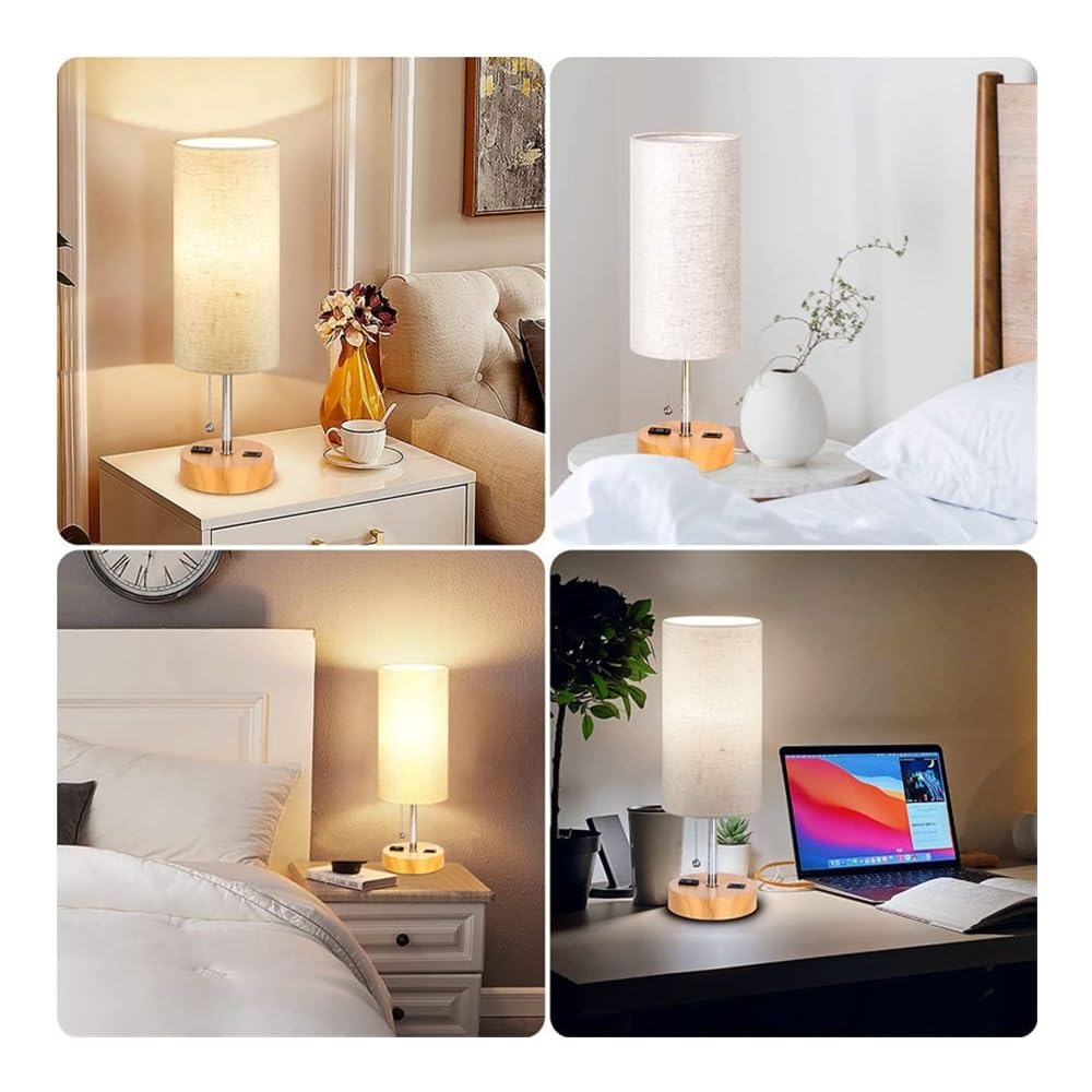 Modern Round Fabric Shade Bedside Table Lamp with 3-Way Dimmable Touch Control, USB-C Charging Port & AC Outlet - Nightstand Lamp for Bedroom, Living Room, Office Desk (Size A2) | Perfect for Reading, Working & Creating Cozy Ambiance
