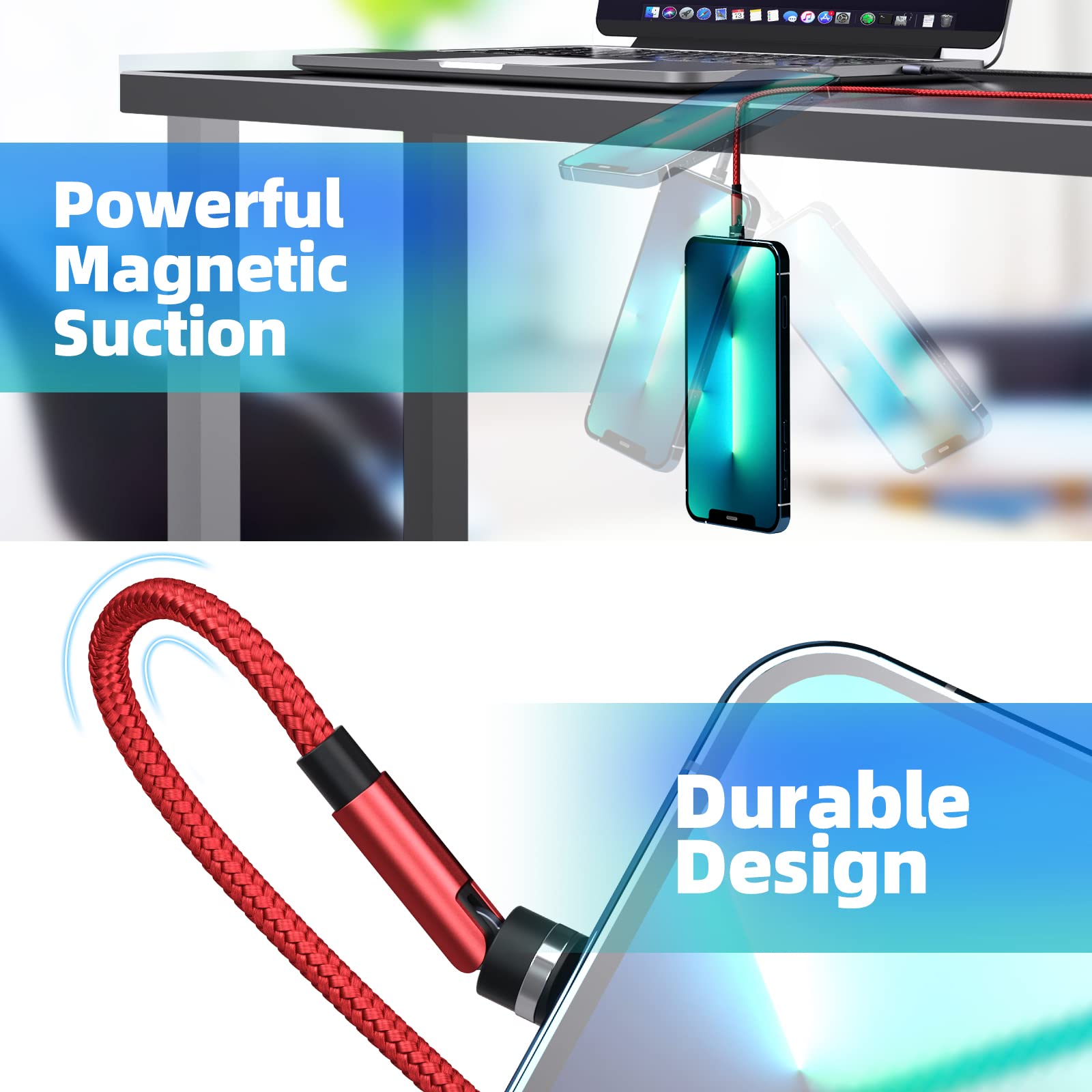 Ankndo 540° Rotating Magnetic Charging Cable 3-in-1 Fast Charger [4-Pack 3ft/6ft/10ft] 3A Quick Charge & Data Sync for iPhone 15/14/13, Samsung, Android - Red | Perfect for Home, Office & Travel Charging