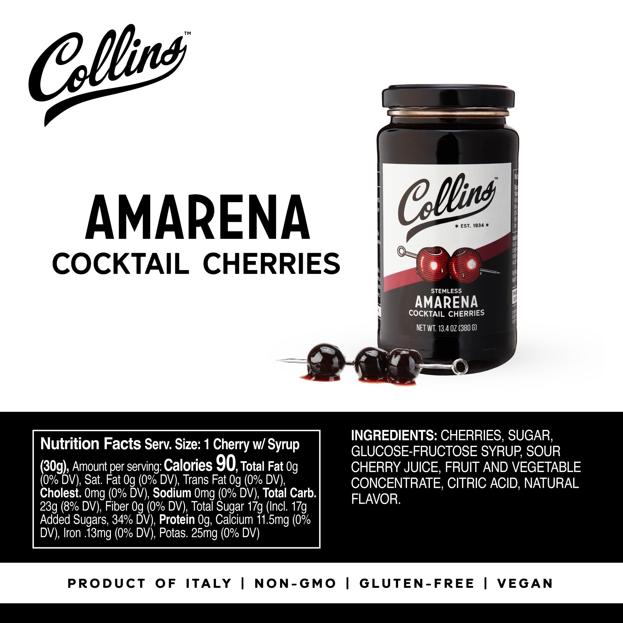 Premium Stemless Amarena Cherries 13.4 oz Jar - Sweet Italian Cocktail Cherries for Desserts, Drinks & Gourmet Recipes