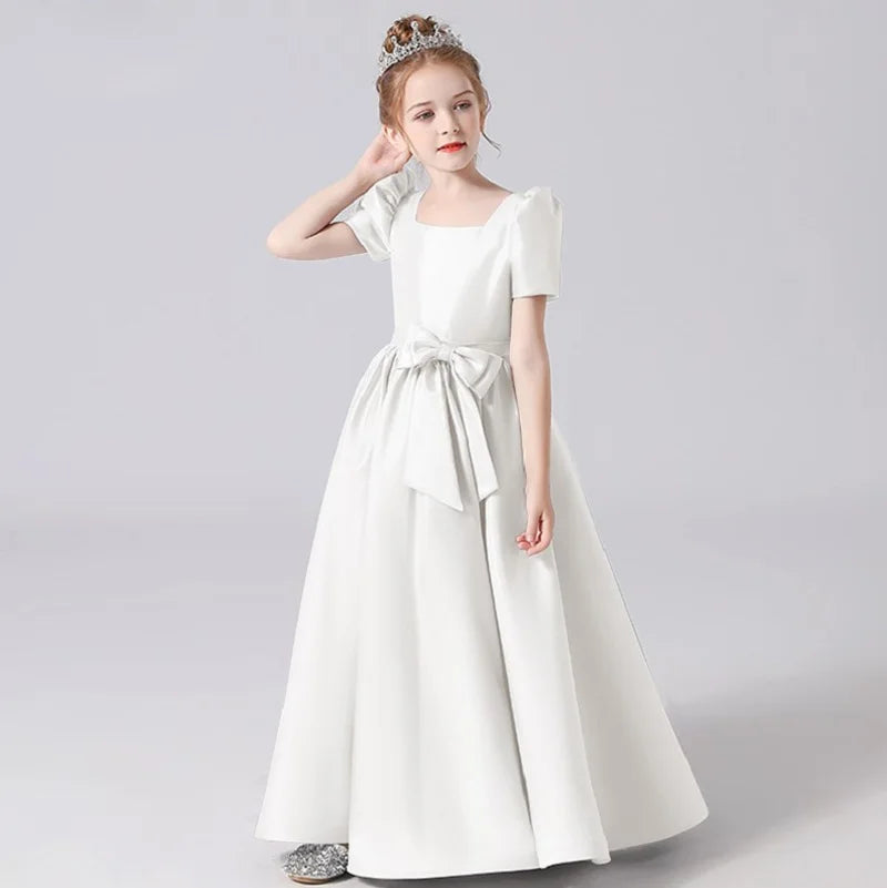 Elegant Lace-Up Flower Girl Dress for Pageants - Soft Satin Girls Gown for Weddings, Baptisms & Special Occasions