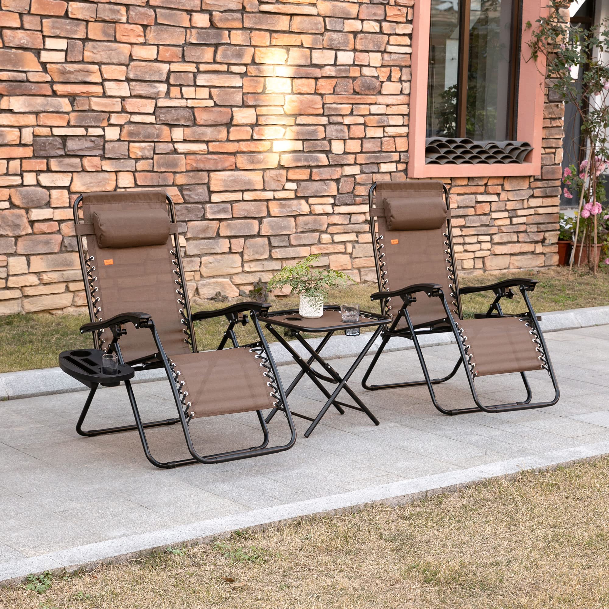 Outsunny Zero Gravity Reclining Chair Set with Side Table - Adjustable Folding Lounge Chair with Cup Holders & Pillows for Pool, Backyard, Beach, Patio - Perfect for Relaxing, Sunbathing & Outdoor Lounging