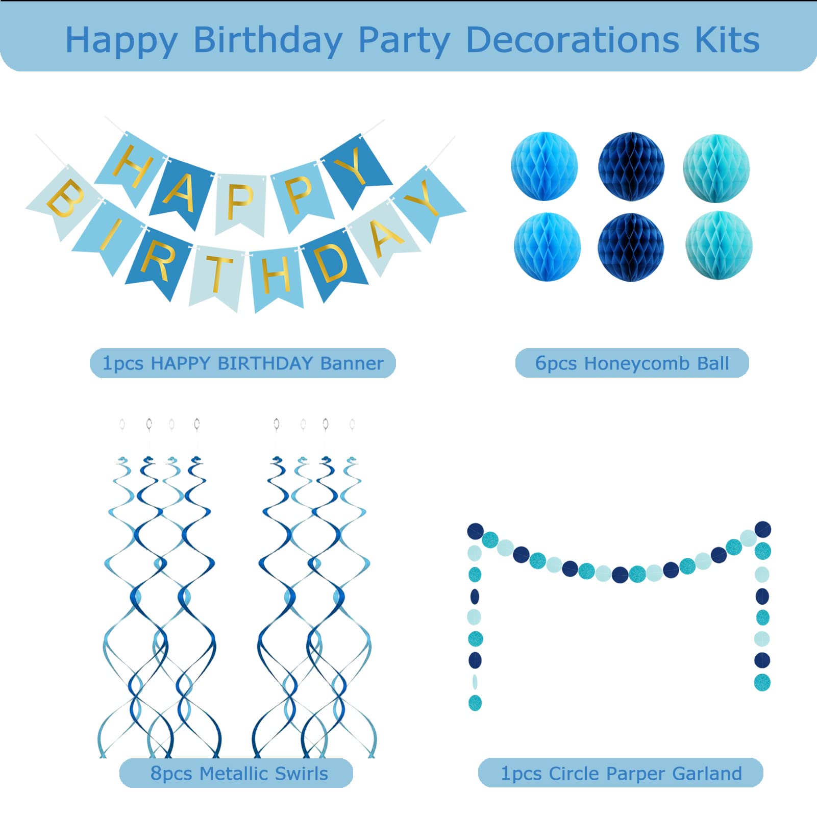 Blue Birthday Party Decorations Set - Happy Birthday Banner, Paper Honeycomb Balls, Circle Garland & Hanging Swirls for DIY Home Decor | Perfect for Birthday Celebrations, Baby Showers & Anniversary Parties