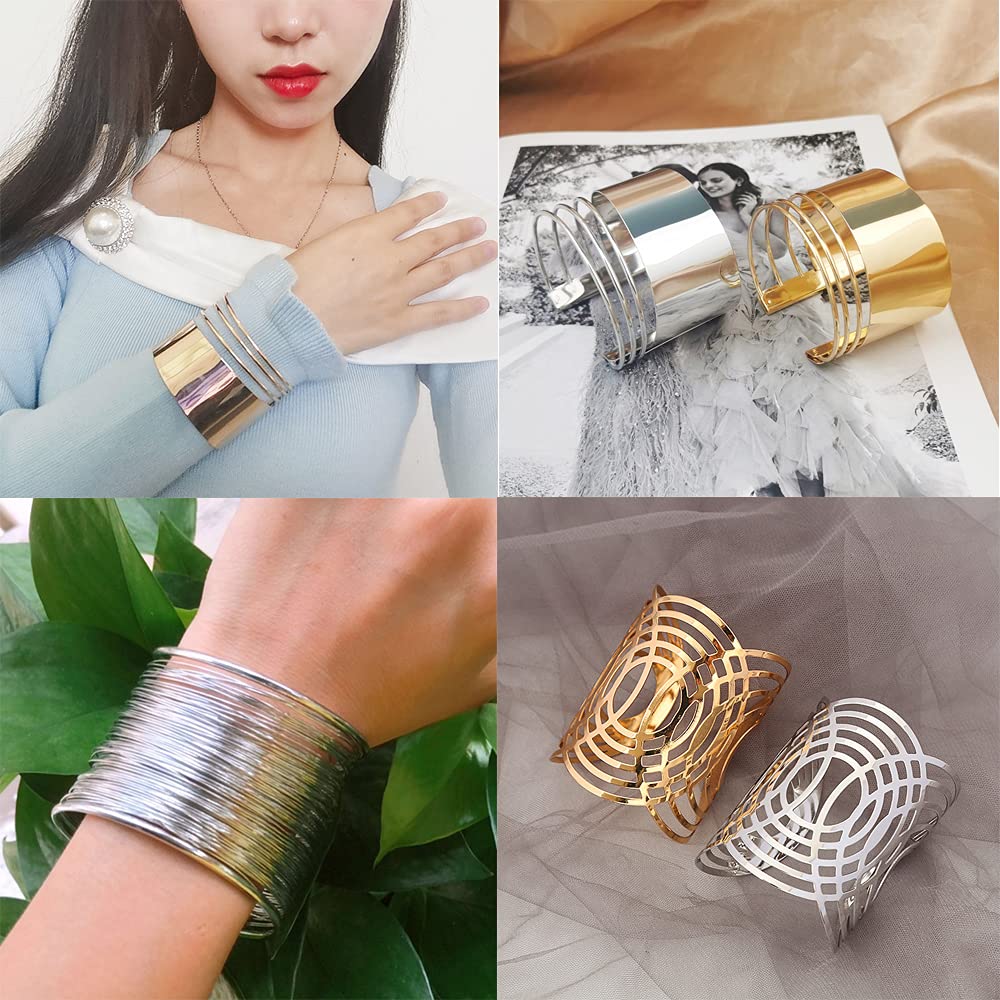 MOZAKA 6Pcs Gold Open Cuff Bangle Bracelets for Women - Adjustable Wire Wrap Wrist Cuff Bracelet Set, Perfect for Parties, Weddings & Everyday Fashion Accessories