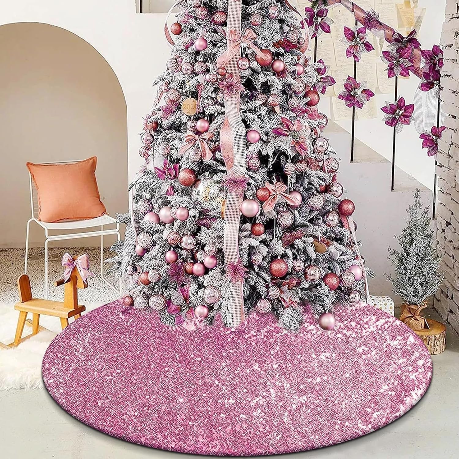 48 Inch Pink Sequin Christmas Tree Skirt - Double Layer Glitter Mat for 7.5 Ft Trees, Easter Spring & Thanksgiving Decorations - Perfect for Holiday Home Decor, Party Centerpiece & Festive Gift Giving