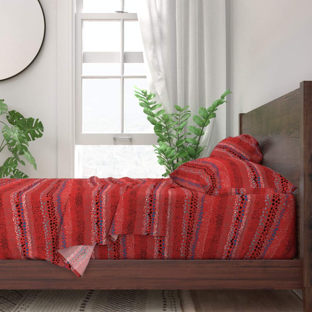 Little Textured Dots Red Circles Modern Abstract Stripes Christmas Print 100% Cotton Twin 3-Piece Sheet Set | Custom Bedding for Holiday Decor & Cozy Bedroom