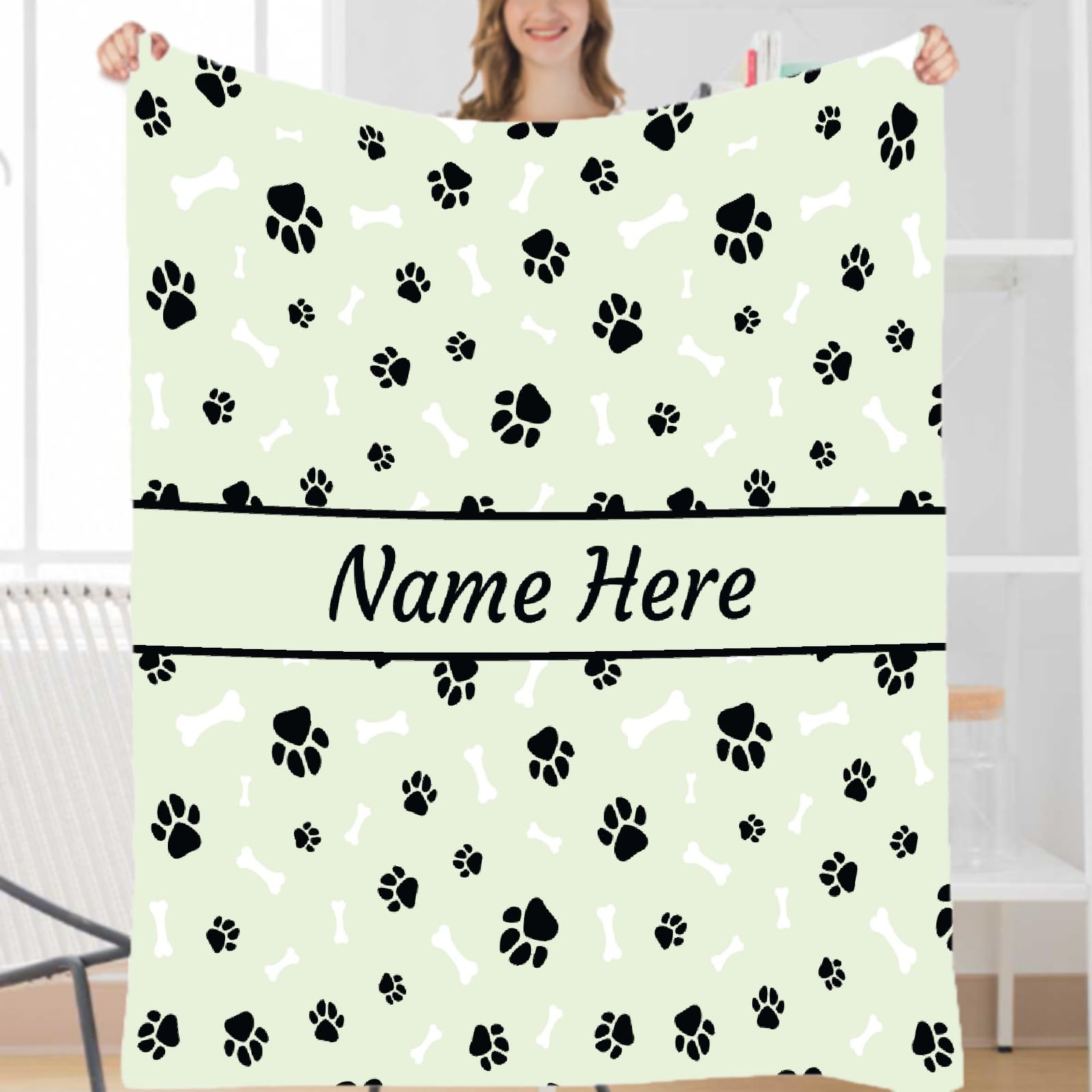 **Custom Personalized Dog Blanket with Name - Soft Cozy Fleece Pet Blanket for Puppy, Dog Lovers, Mom & Dad - Cute Paws & Bones Design - Perfect for Bed, Sofa, Couch & Travel Gifts**    *(Use Case: Ideal for snuggling at home, travel comfort, or as a heartfelt gift for dog lovers!)*