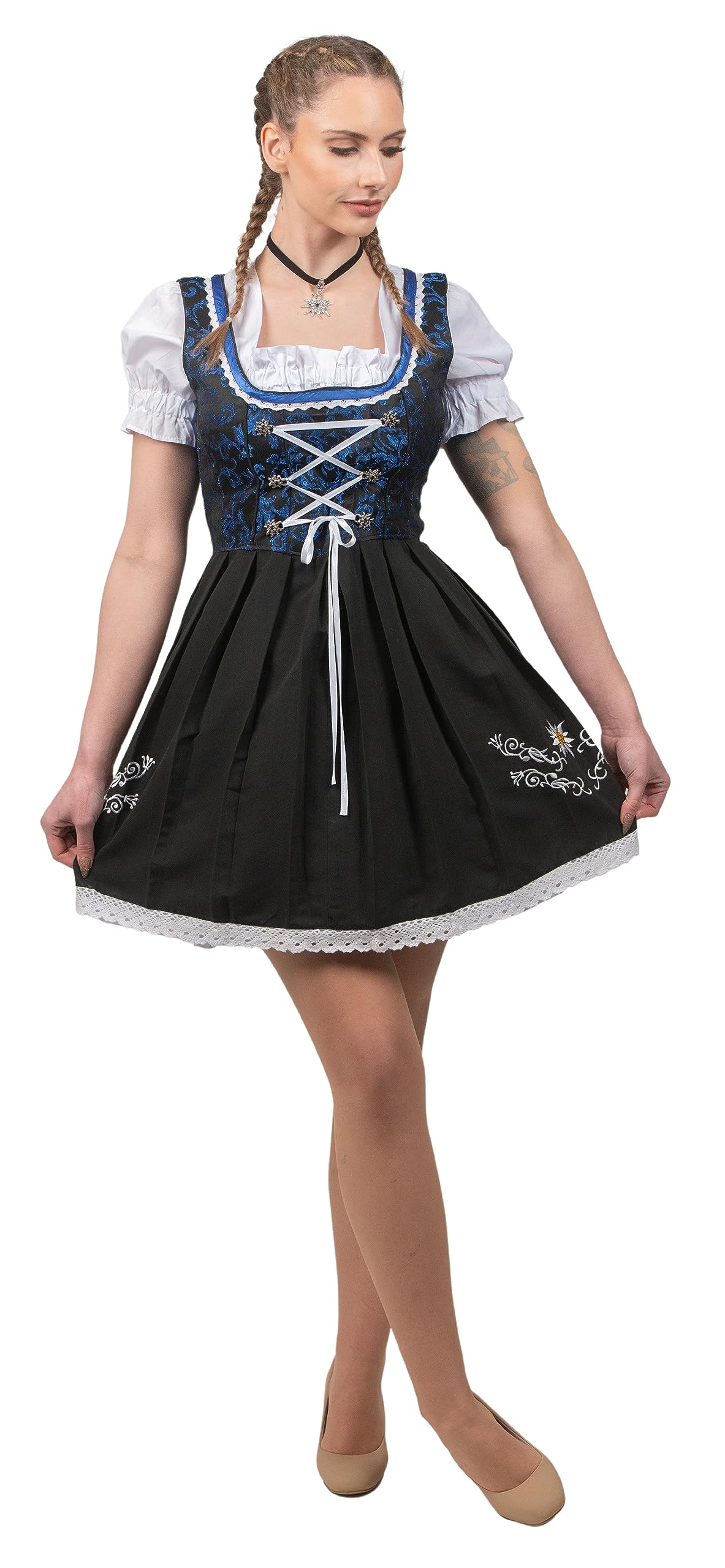 Authentic German Oktoberfest Dirndl Dress - 3-Piece Knee-Length Outfit in Black & Blue by Edelweiss Creek | Perfect for Oktoberfest, Costume Parties & Cultural Events