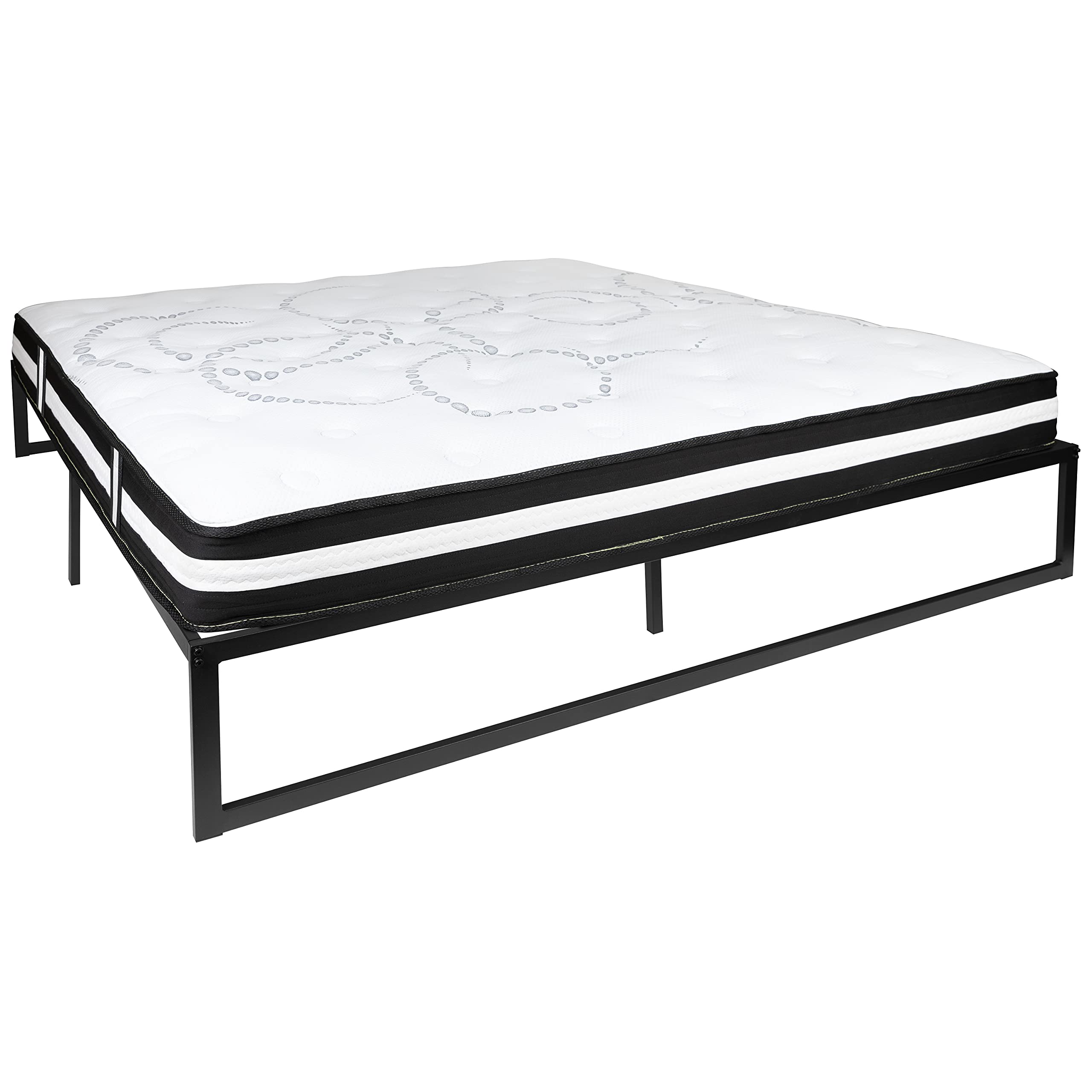 14 Inch Sturdy Metal Platform Bed Frame with 12 Inch Comfort Pocket Spring Mattress in a Box - King Size, No Box Spring Needed - Perfect for Modern Bedrooms & Guest Rooms