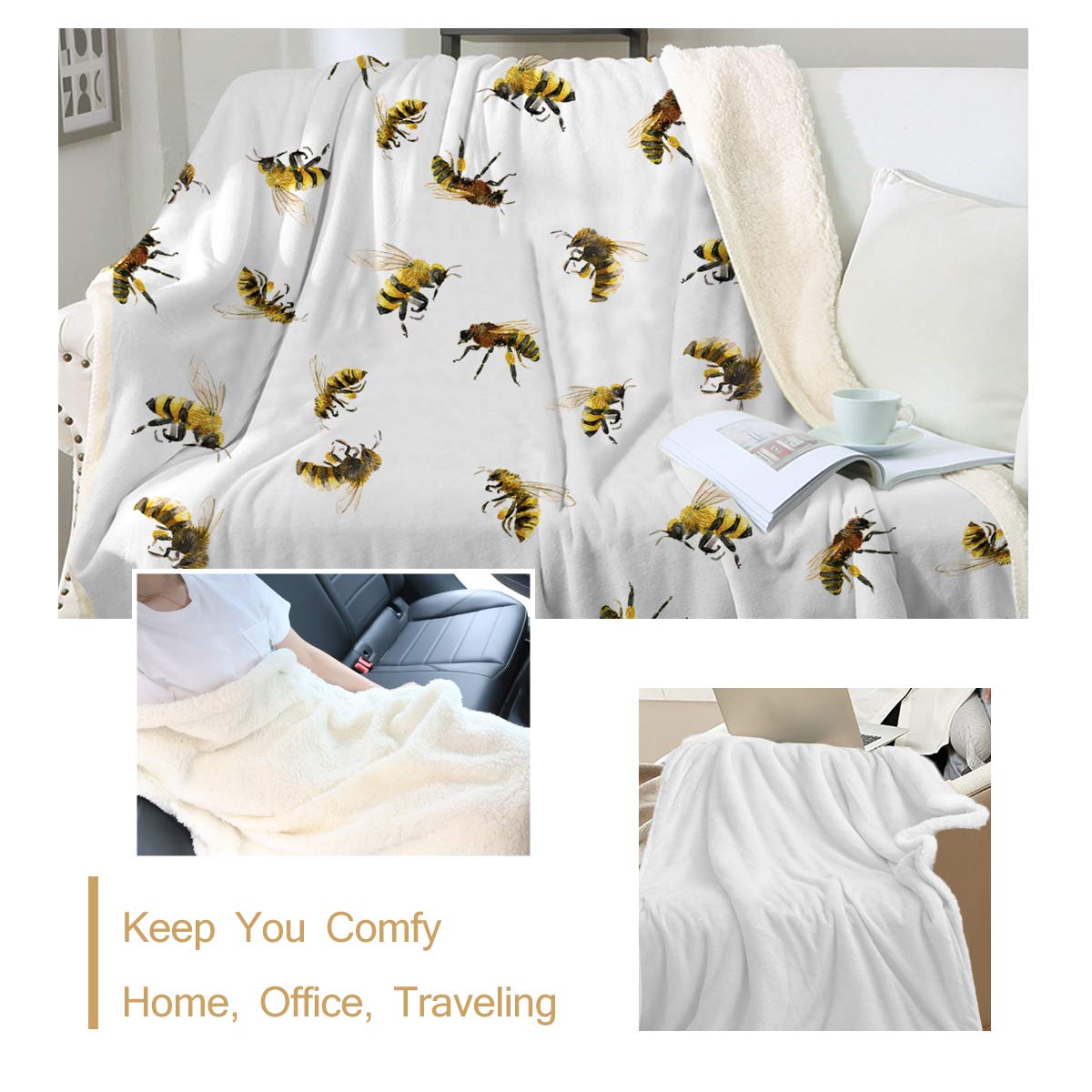 Sleepwish Watercolor Bee Sherpa Fleece Blanket - Soft Plush Cozy Warm Throw for Kids & Girls (50