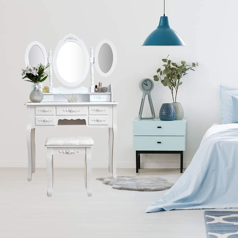 Henf Vanity Table Set with Tri-Folding Mirror - White Wooden Dressing Table, Makeup Desk with Stool & 7 Drawers - Elegant Bedroom Furniture for Women & Girls | Perfect for Makeup, Skincare & Jewelry Organization