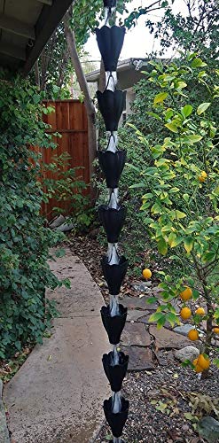 Black XL Aluminum Scalloped Rain Chain with Installation Kit - 12 Foot Downspout Alternative for Garden, Patio & Roof Drainage | Decorative Water Feature for Outdoor Landscaping