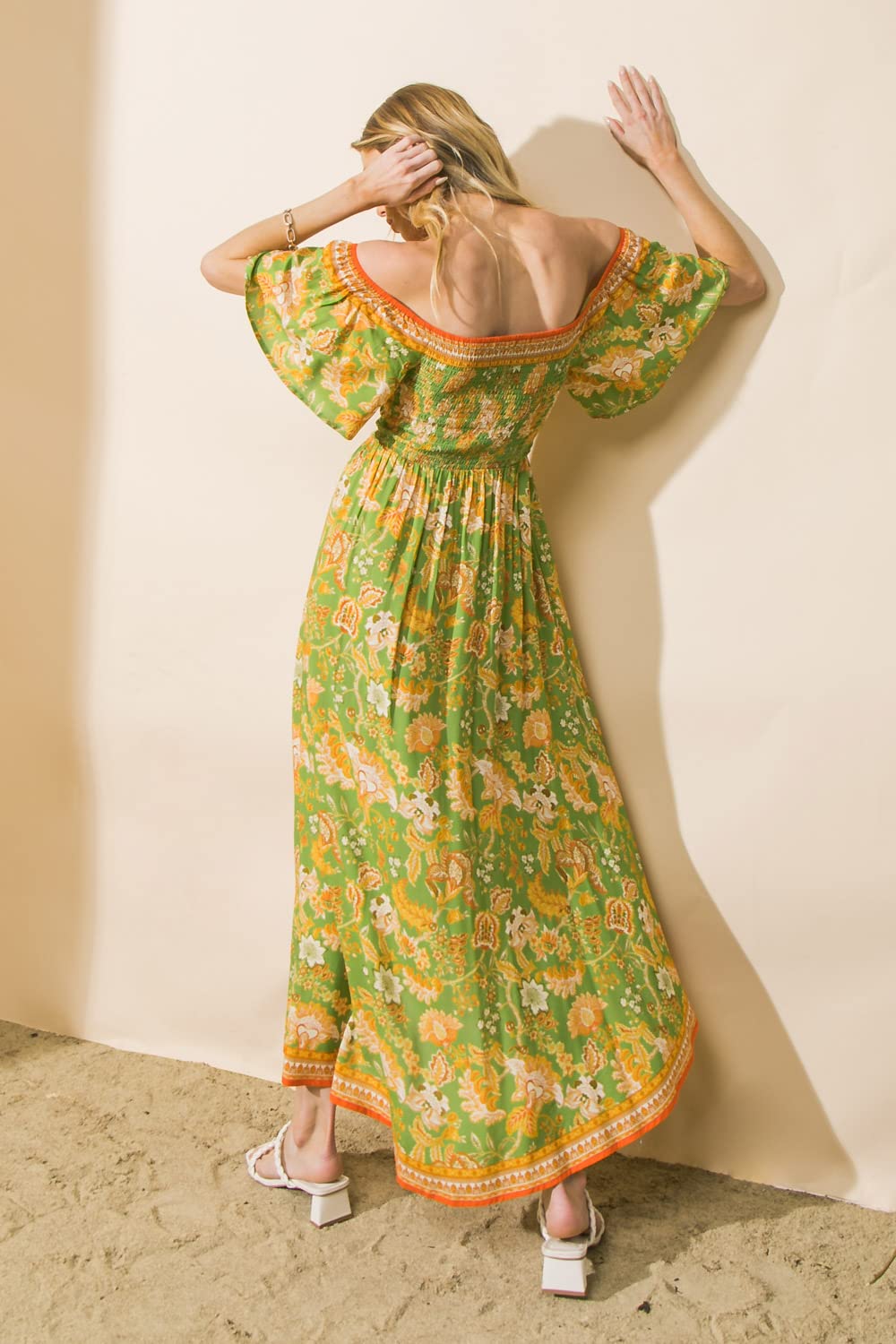Bohemian Off Shoulder Maxi Dress - Tropical Floral Print Smocked Hi-Low Hem Summer Beach Dress for Vacation, Party & Outdoor Events