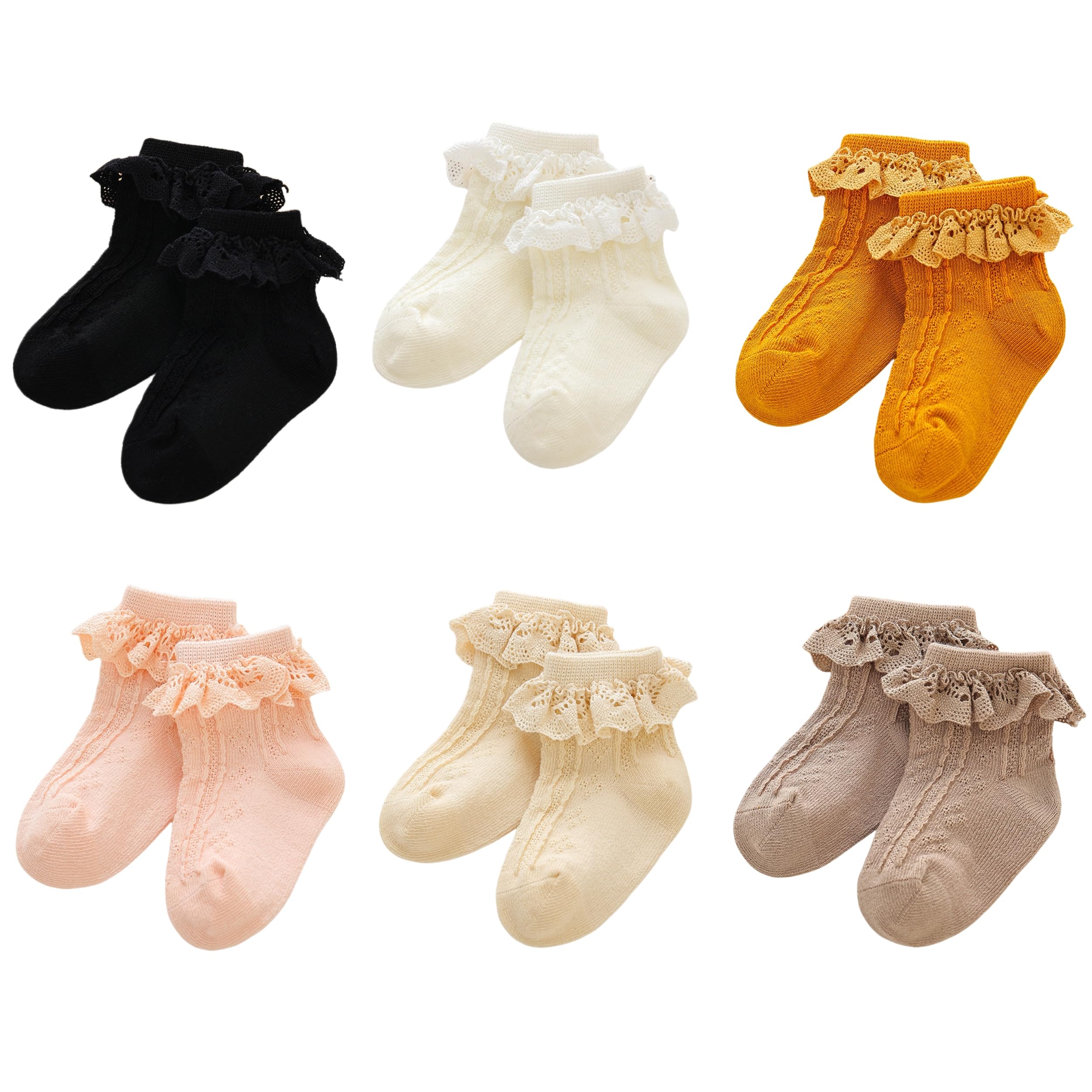 Baby Girls' Ruffle Lace Ankle Socks 6-Pack - Soft Cotton Frilly Eyelet Dress Socks for Toddlers & Infants (0-24 Months) - Perfect for Special Occasions, Photo Shoots & Everyday Wear