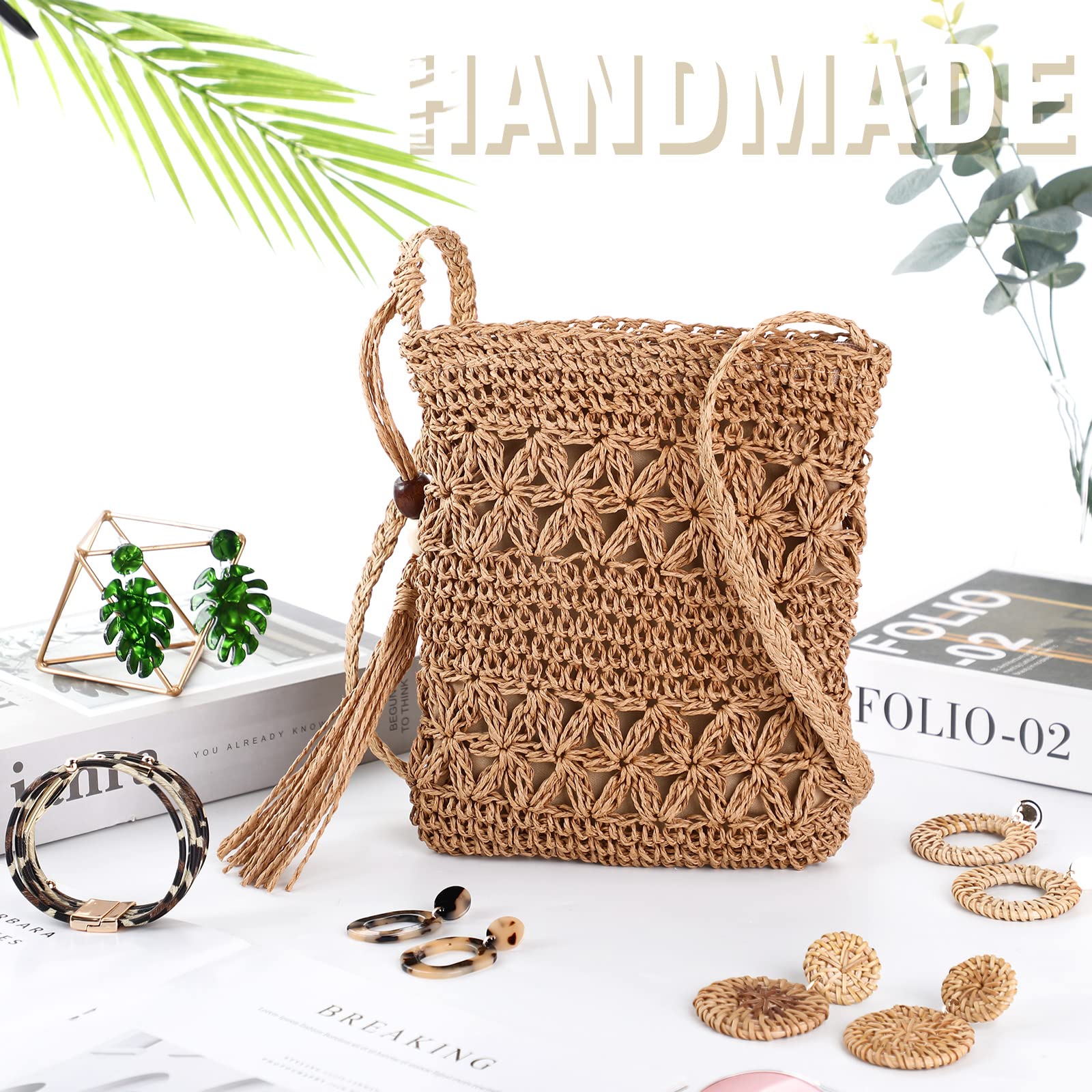 Boho Straw Shoulder Bag for Women - Crossbody Beach Purse Set with 4 Rattan Tropical Earrings & Leopard Bracelet - Perfect for Vacation, Summer Outings, and Boho Fashion Accessories