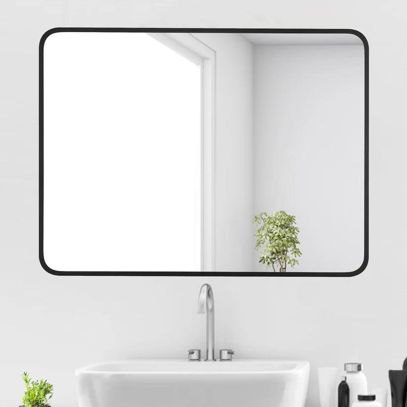 Modern Black Aluminum Framed Wall Mirror - Sleek Soft Corner Design for Living Room, Bedroom & Bathroom Decor | Home & Office Interior Accent Mirror