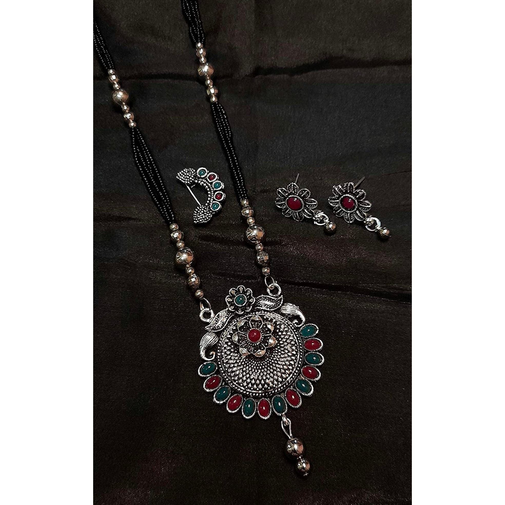 Oxidized Black Bead Jewelry Set with Earrings & Nose Pin - Boho Ethnic Style for Women, Perfect for Parties, Weddings & Festivals