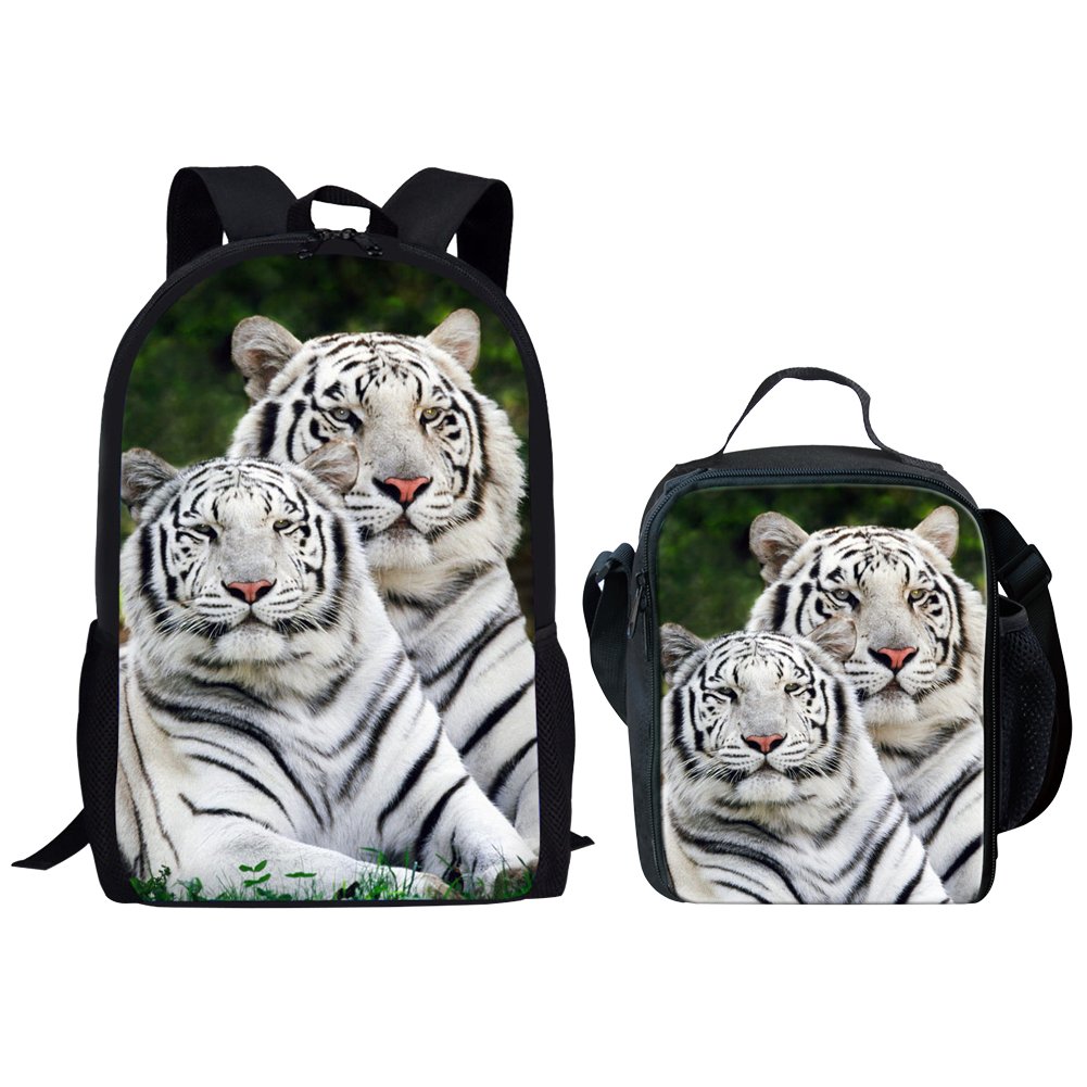 Stylish Middle School Backpack with Lunch Bag Set - Durable Large School Backpack for Teens, White Tiger Print Design - Perfect for School, Travel & Outdoor Activities