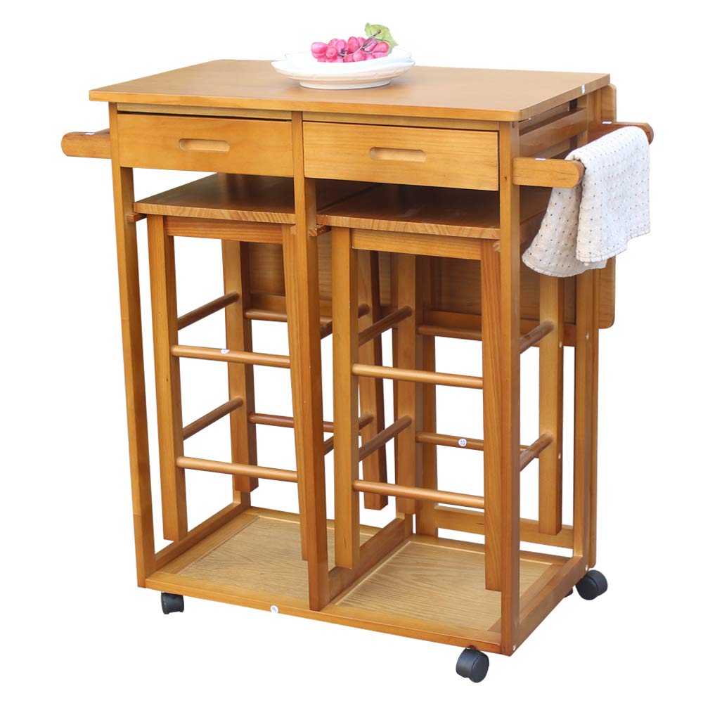 Binrrio 2-Drawer Kitchen Trolley with Drop Leaf & 2 Stools - Foldable Mobile Breakfast Bar Cart, Dining Table Set for Small Spaces - Perfect for Kitchen, Living Room, Dorm & Apartment (Brown)