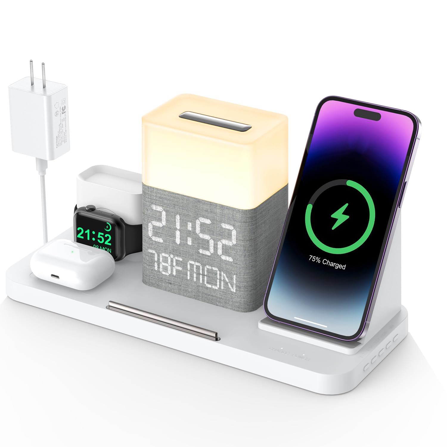 BezosMax 6-in-1 Wireless Charging Station - Fast Qi Charger with Bluetooth TimeSync, Touch Night Light & Temperature Display - 30W Adapter for iPhone 15/14/13/12/11 Series, AirPods & Apple Watch - Perfect for Bedside, Office & Travel Charging