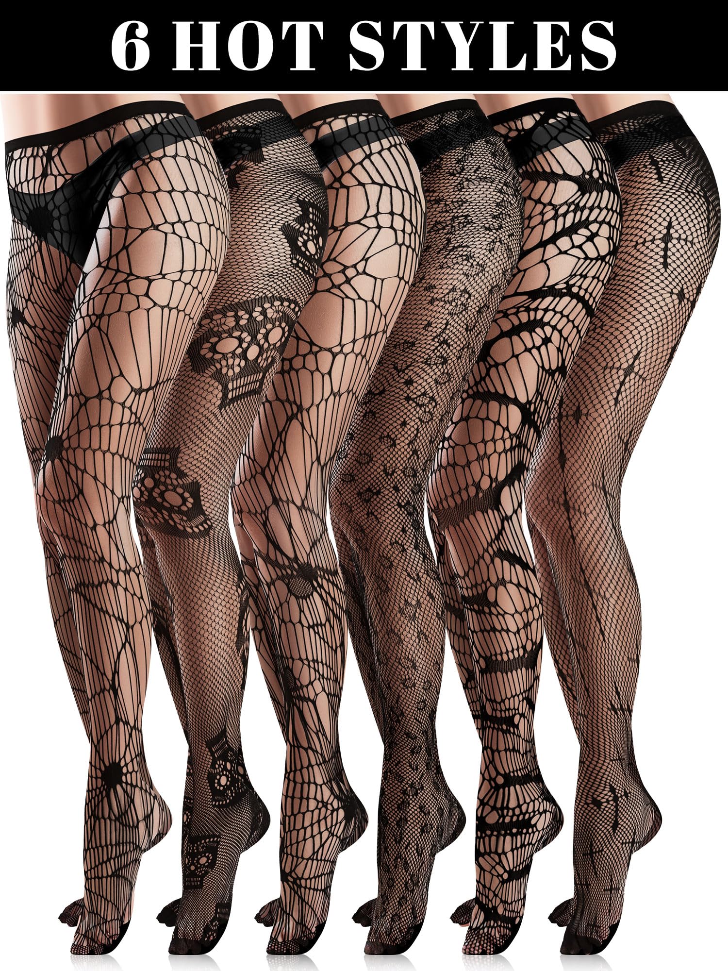 6 Pairs Women's Fishnet Thigh High Stockings - Lace Tights & Spider Web Fishnets - Mesh Pantyhose for Halloween Costume, Cosplay, Burlesque, and Night Out