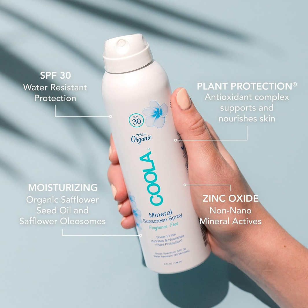 COOLA Mineral Body Organic Sunscreen Spray SPF 30 Fragrance Free - Reef Safe, Non-Greasy Sun Protection for Outdoor Activities, Beach & Pool Days
