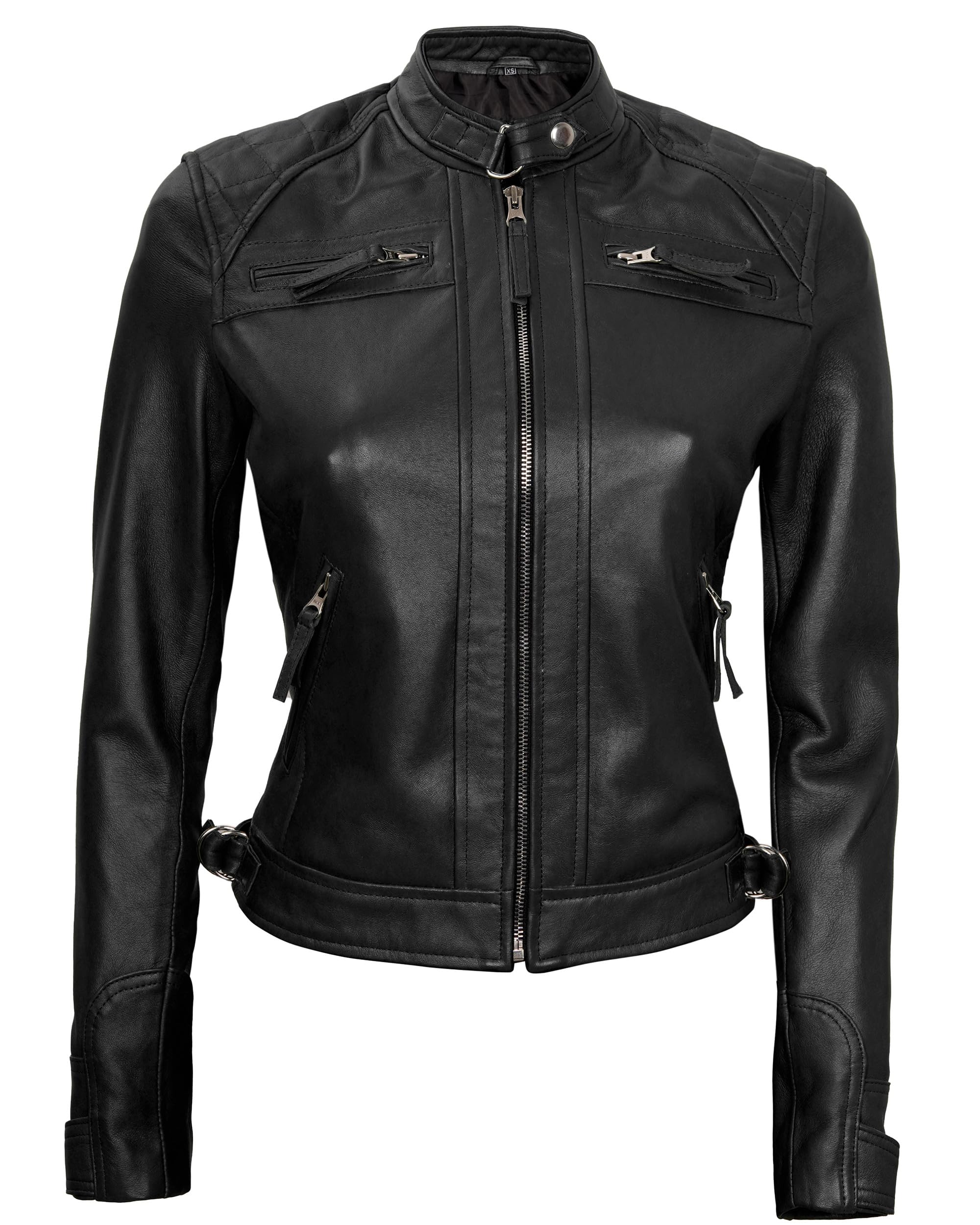 Genuine Real Leather Jacket for Women - Cafe Racer Style with Natural Grain & Stand Collar | Women's Motorcycle Jacket for Riding & Casual Wear